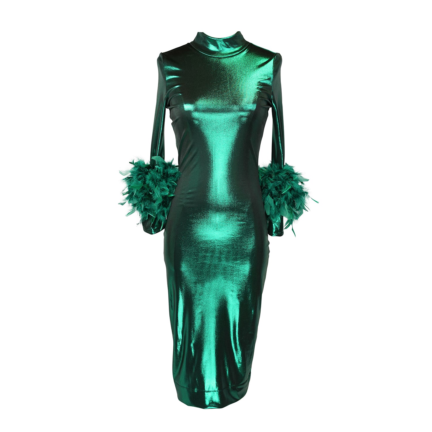 This emerald lamé, bodycon dress accentuates your curves, while the removable feather trim on the sleeves adds a touch of elegance. 