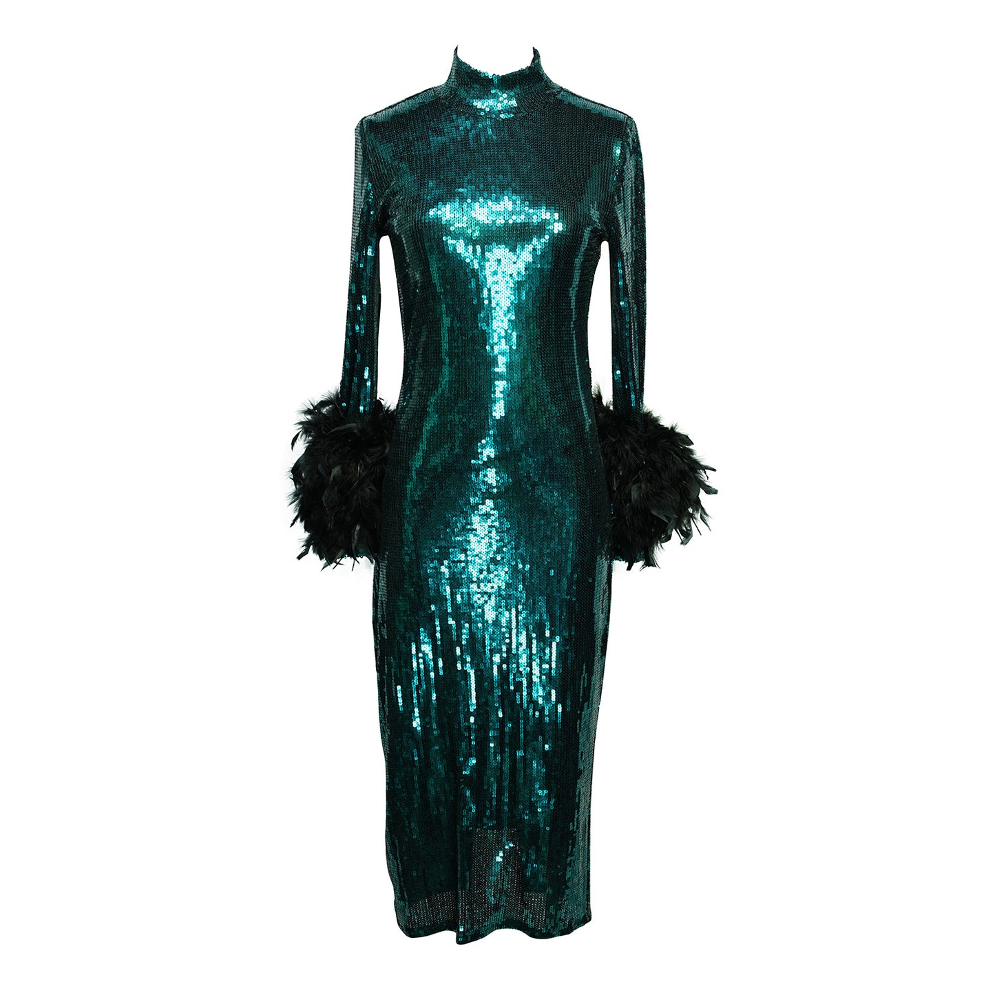 The emerald sequined, bodycon design accentuates your curves, while the removable feather trim on the sleeves adds a touch of elegance.