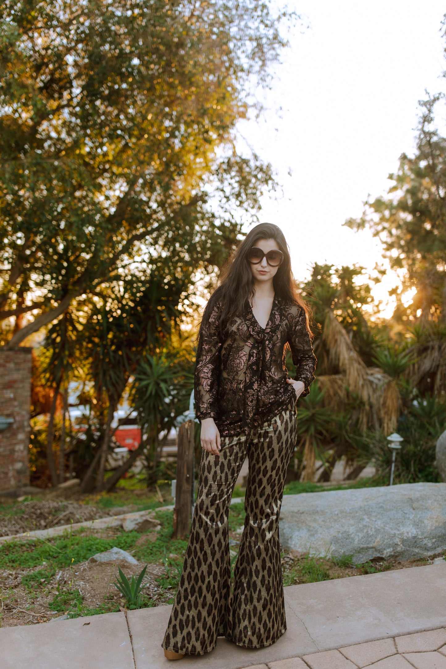 jennafer grace Leopard Shimmer Bellbottoms metallic gold with brown black leopard animal print flared palazzo bellbottom boho bohemian hippie romantic whimsical unisex handmade in California USA