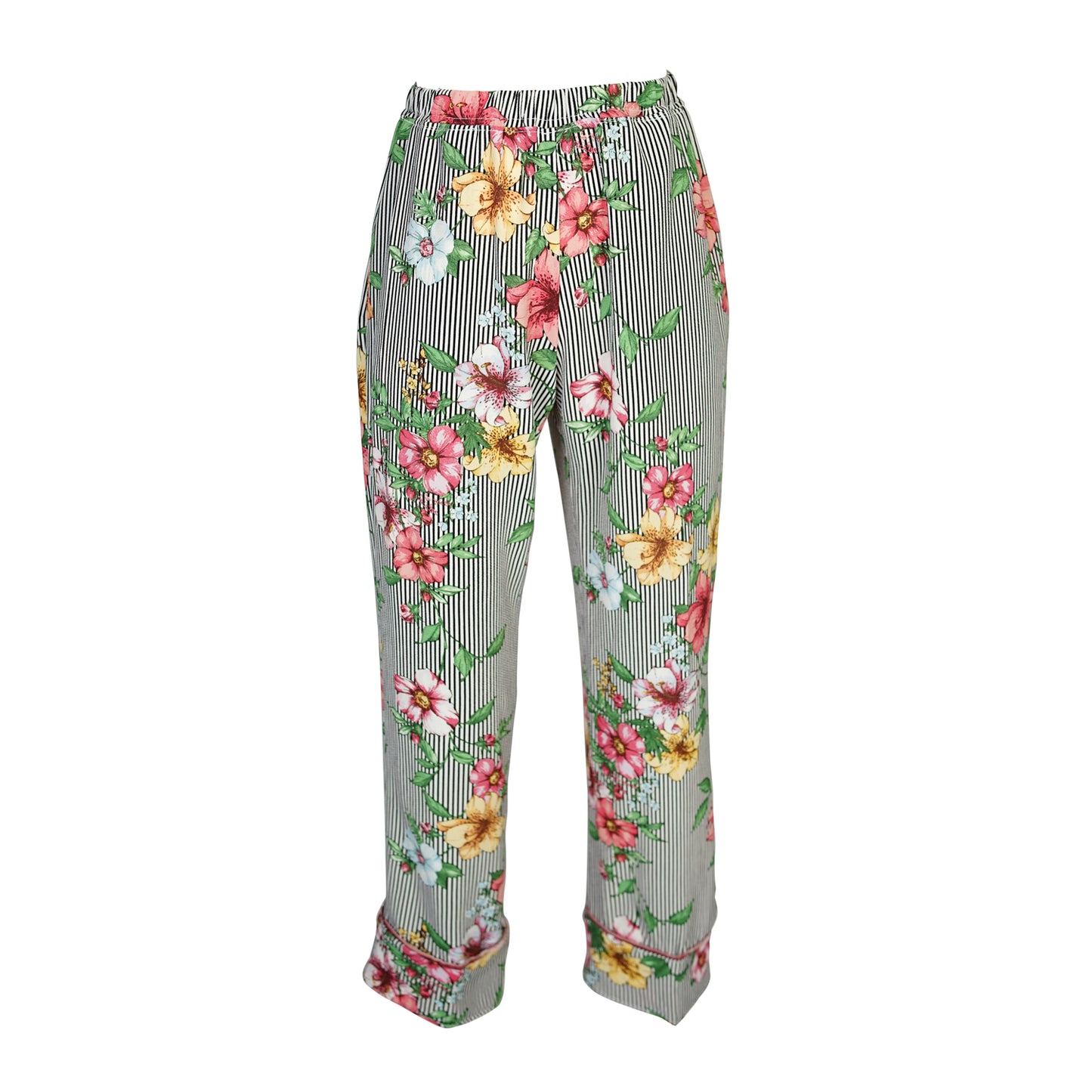 Jennafer Grace Liliana Flora Stripe Paglamas black white pinstripe with floral pink and yellow flowers and blush pink velvet piping glam pajamas pjs co-ord coord matching set lounge wear wrap top tapered pant boho bohemian hippie unisex handmade in California USA