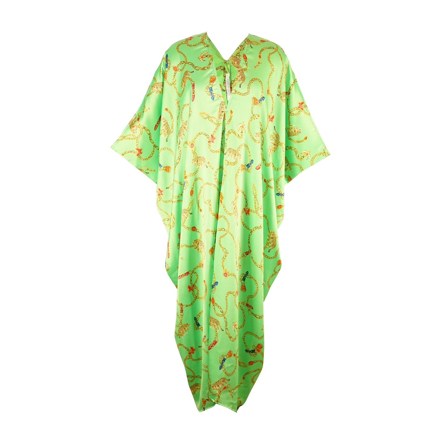Neon lime green caftan dress with yellow gold chain and charm print. The caftan features a deep v-neckline, half-length batwing sleeves, and full length hem.