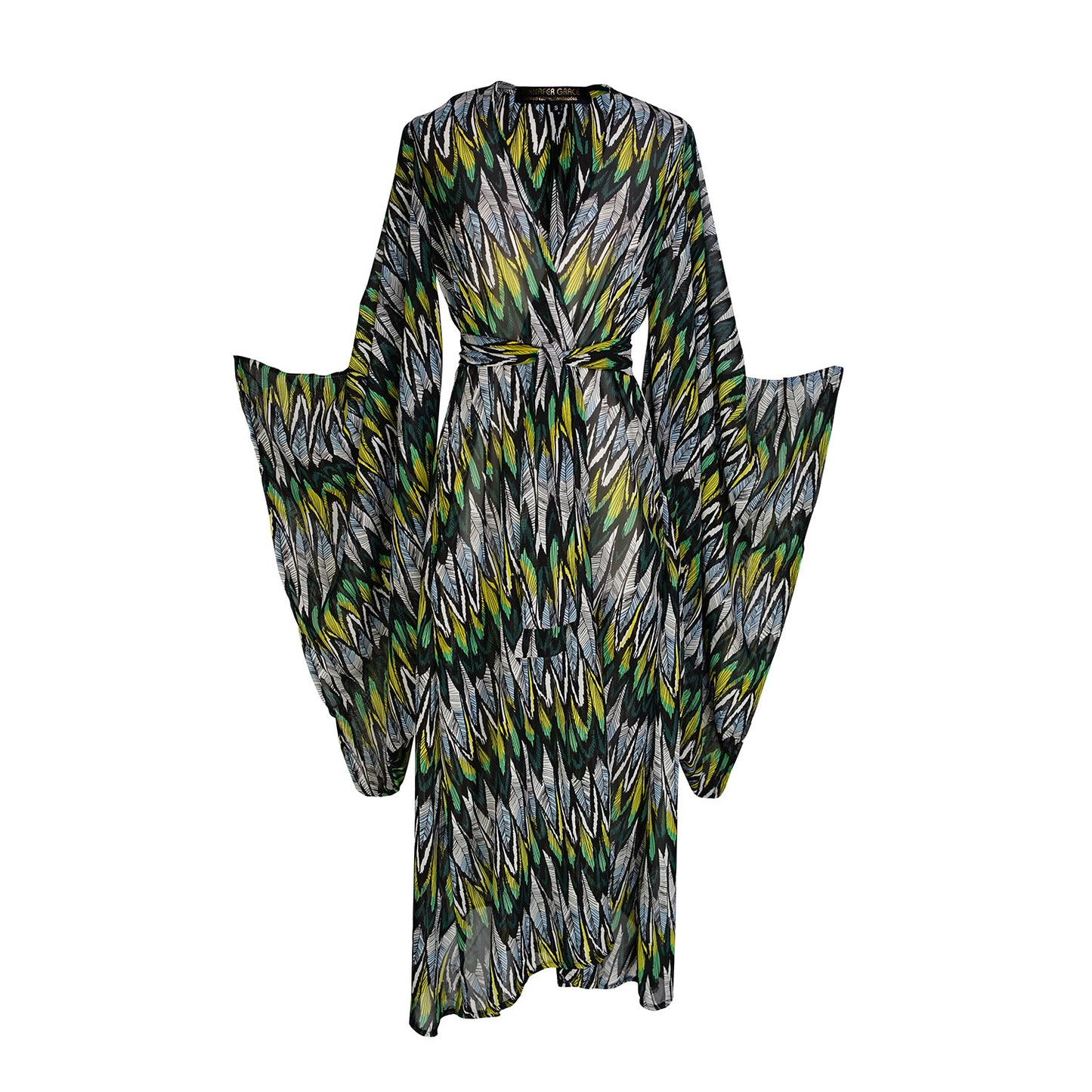 jennafer grace Macaw Verde Feather kimono semi-sheer chiffon with yellow-green and white and black feather print cover-up wrap dress with pockets duster jacket robe boho boho bohemian hippie whimsical romantic beach poolside resort cabana lounge wear unisex handmade in California USA