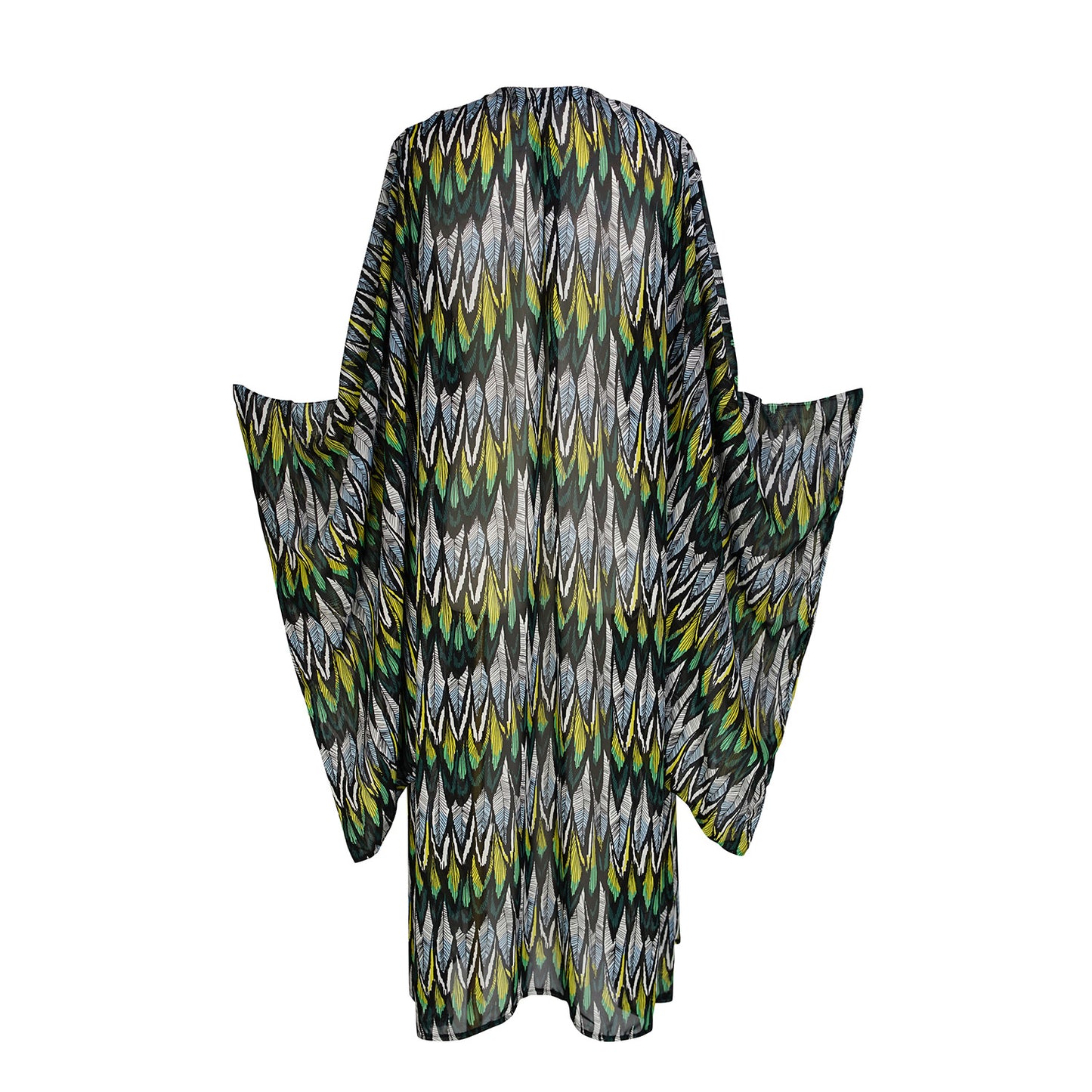jennafer grace Macaw Verde Feather kimono semi-sheer chiffon with yellow-green and white and black feather print cover-up wrap dress with pockets duster jacket robe boho boho bohemian hippie whimsical romantic beach poolside resort cabana lounge wear unisex handmade in California USA