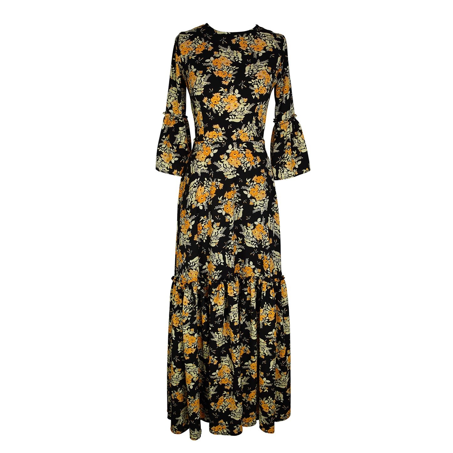 Jennafer Grace Marigold Blossom 1-Tier ruffle dress mustard yellow floral on black summer dress spring evening gown full circle skirt bell sleeves gothic boho bohemian hippie romantic whimsical unisex handmade in California USA