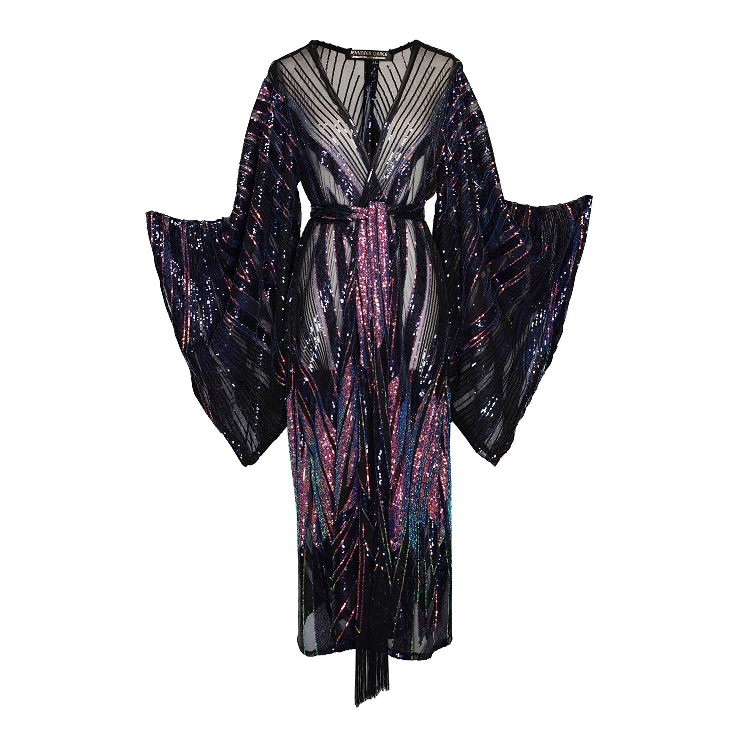 Art nouveau inspired iridescent sequin kimono with belt. The iridescent colors reflect a variety of shades including blue, orange, pink, yellow, and green. Between each panel of sequins is a sheer mesh fabric. Can be worn open as a robe or wrap dress. Long flowy sleeves with ankle hem.