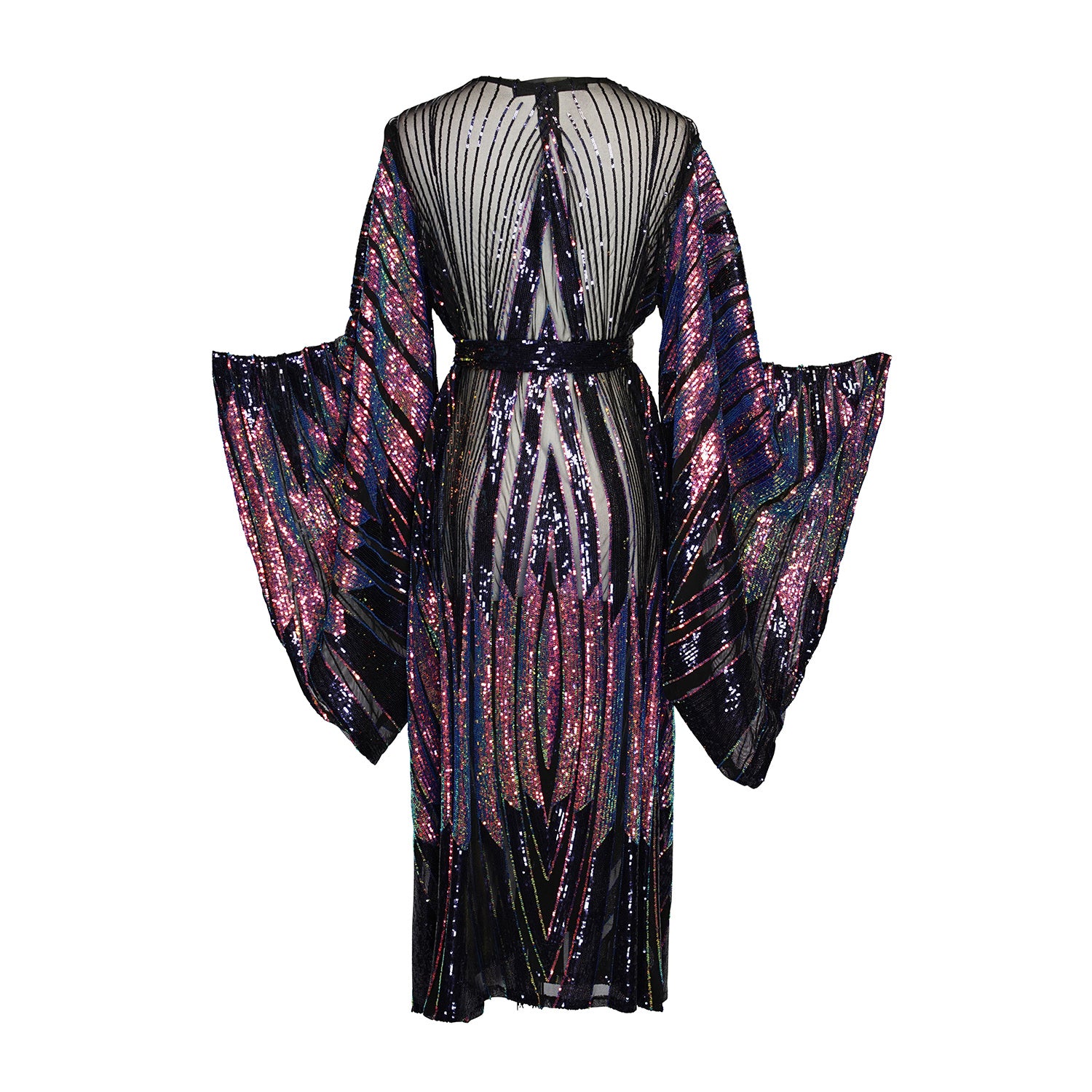 Art nouveau inspired iridescent sequin kimono with belt. The iridescent colors reflect a variety of shades including blue, orange, pink, yellow, and green. Between each panel of sequins is a sheer mesh fabric. Can be worn open as a robe or wrap dress. Long flowy sleeves with ankle hem.