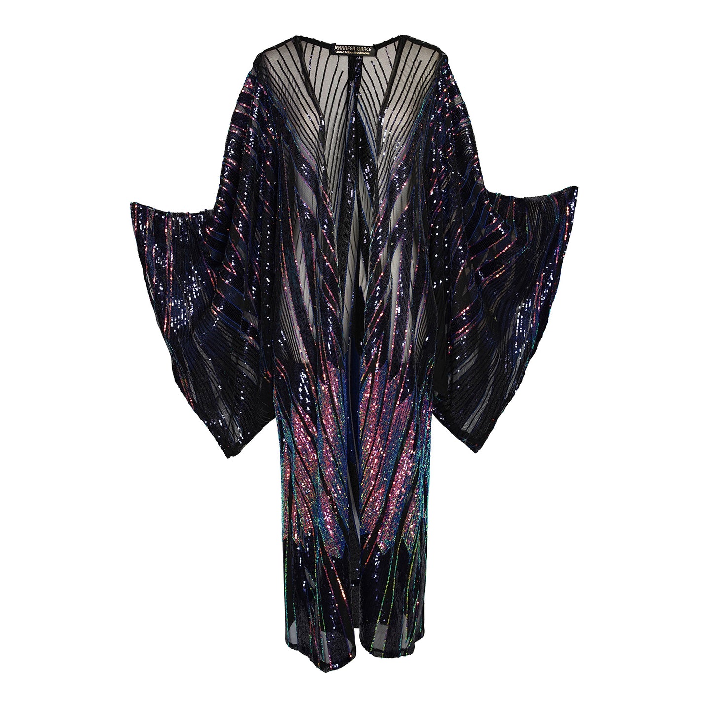 Art nouveau inspired iridescent sequin kimono with belt. The iridescent colors reflect a variety of shades including blue, orange, pink, yellow, and green. Between each panel of sequins is a sheer mesh fabric. Can be worn open as a robe or wrap dress. Long flowy sleeves with ankle hem.