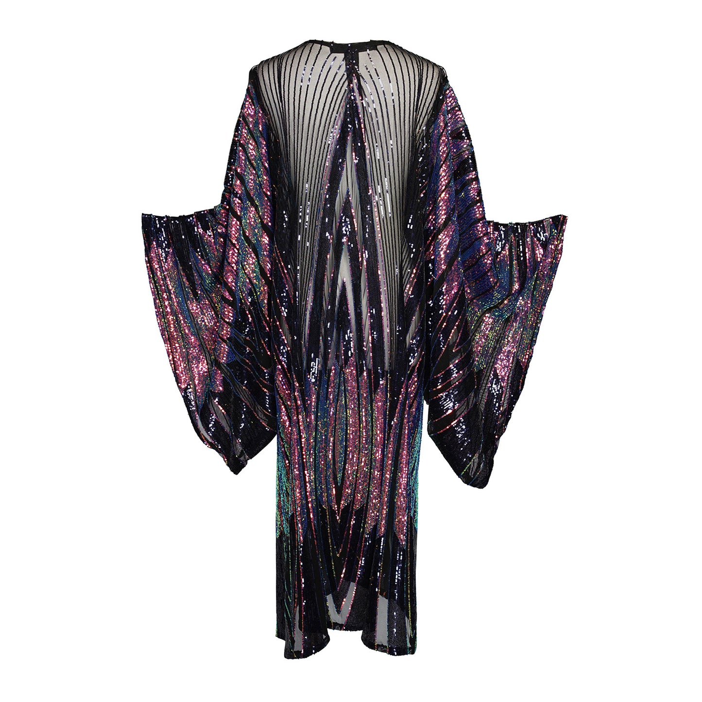 Art nouveau inspired iridescent sequin kimono with belt. The iridescent colors reflect a variety of shades including blue, orange, pink, yellow, and green. Between each panel of sequins is a sheer mesh fabric. Can be worn open as a robe or wrap dress. Long flowy sleeves with ankle hem.