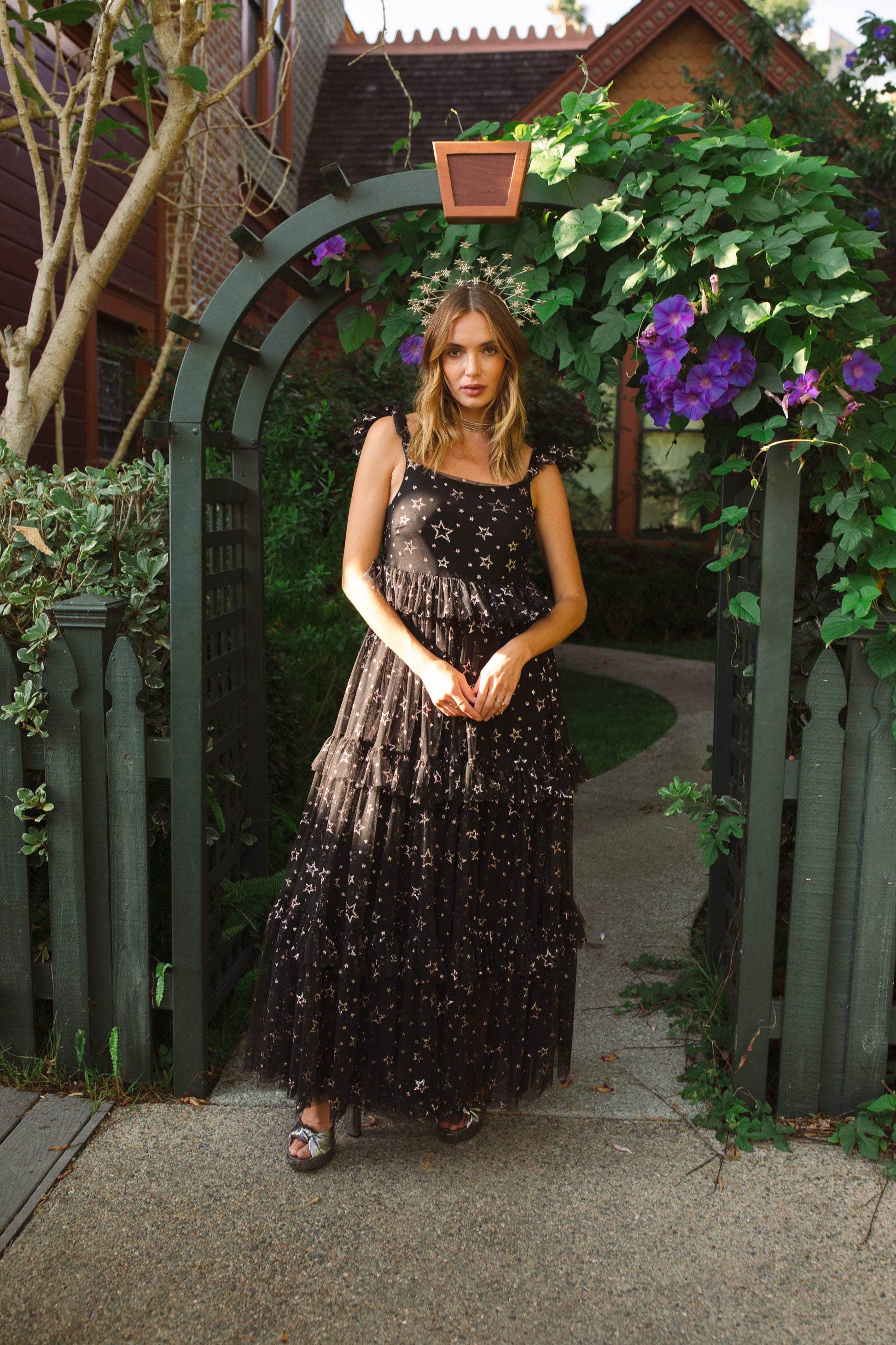 jennafer grace Midnight Sky Tulle Maxi Dress black semi-sheer lined layered tulle maxi dress with metallic gold foil star print ruffle straps starry gothic boho bohemian hippie dark romantic whimsical evening gown cocktail party statement piece handmade in California USA