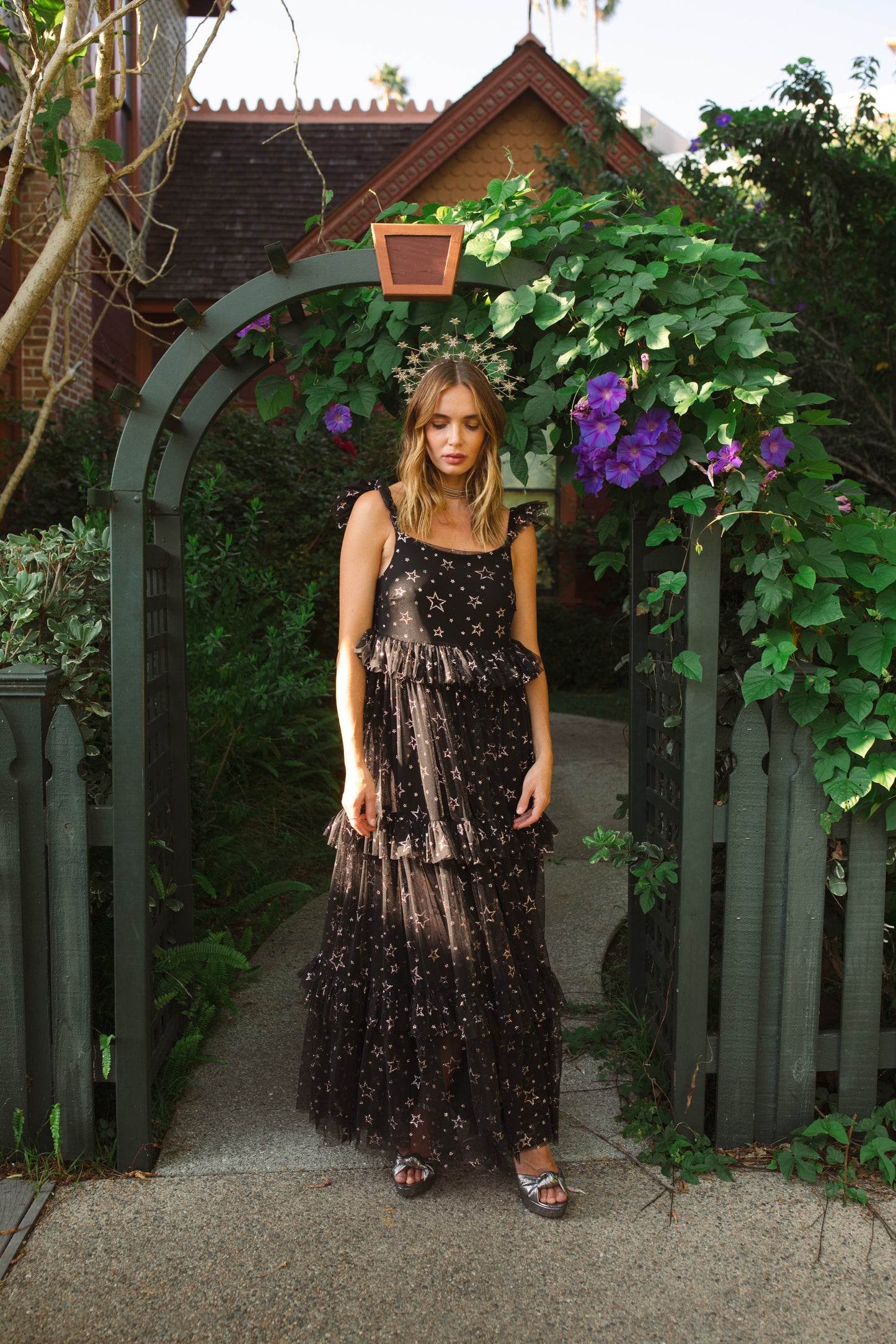 jennafer grace Midnight Sky Tulle Maxi Dress black semi-sheer lined layered tulle maxi dress with metallic gold foil star print ruffle straps starry gothic boho bohemian hippie dark romantic whimsical evening gown cocktail party statement piece handmade in California USA