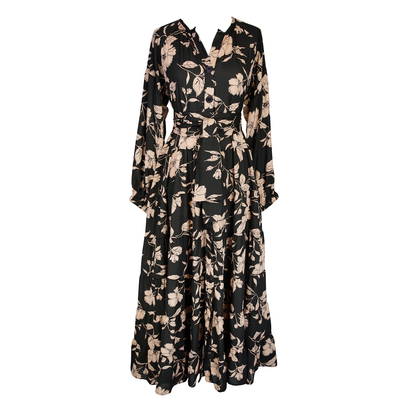 This beautiful maxi dress is made from a feminine floral fabric and comes with an optional sash belt.