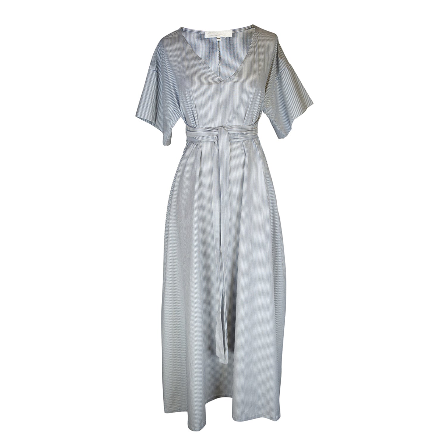 White and blue vertical pinstripe a-line midi-maxi dress featuring v-neck, short sleeves, and built-in sash ties for a cinched, wrap waist look. This dress falls at approximately lower calf or ankle. Nautical bohemian in style.