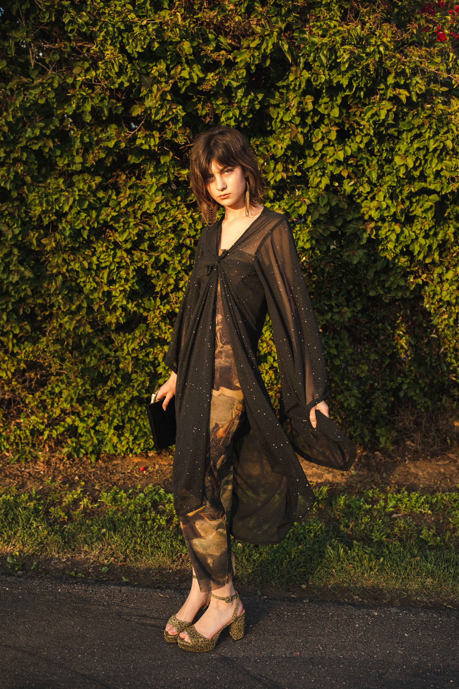 jennafer grace Nebula kimono semi-sheer black chiffon with night sky inspired rhinestones coverup wrap dress with pockets duster jacket robe dark boho boho gothic bohemian hippie whimsical romantic beach poolside resort cabana lounge wear unisex handmade in California USA