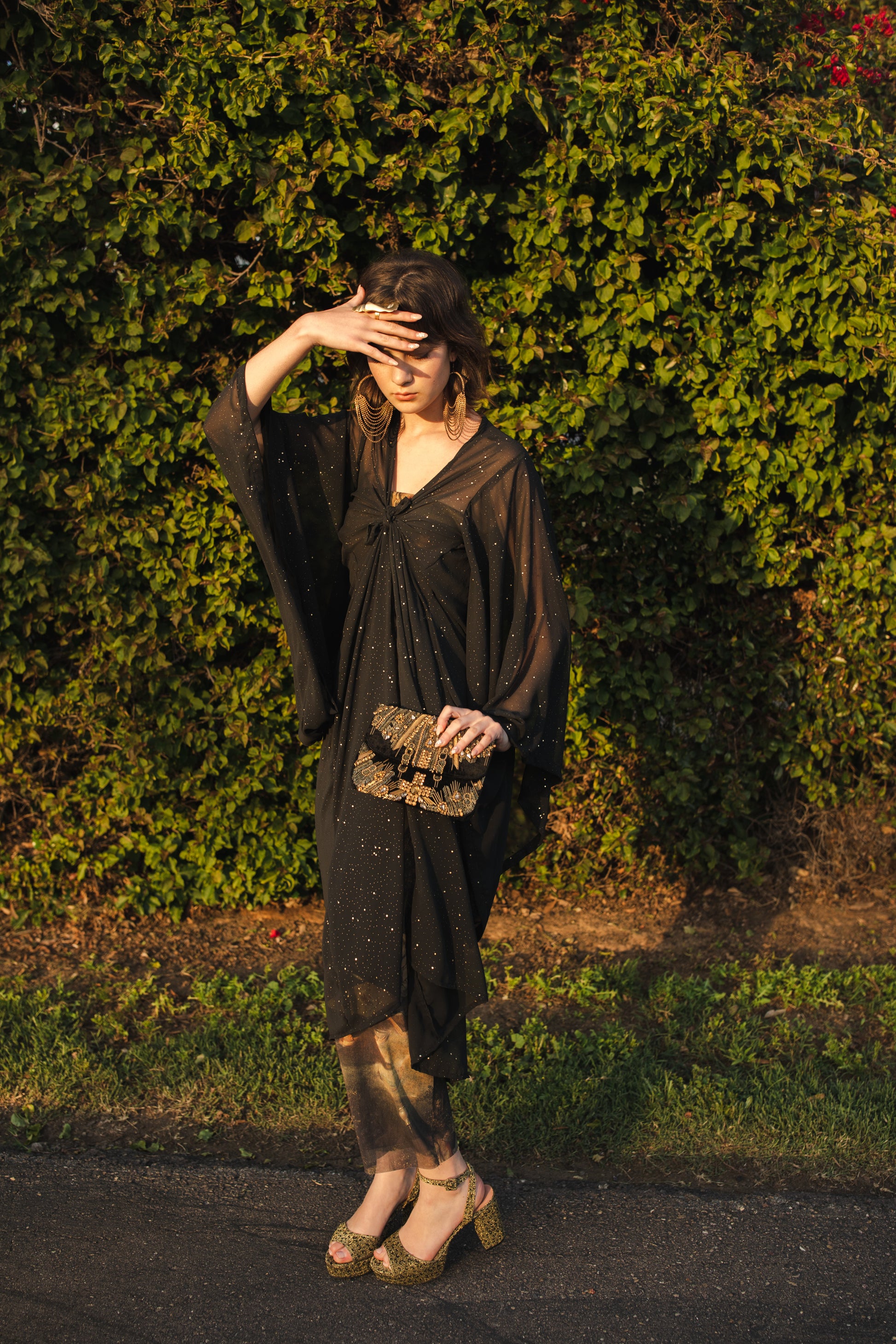 jennafer grace Nebula kimono semi-sheer black chiffon with night sky inspired rhinestones coverup wrap dress with pockets duster jacket robe dark boho boho gothic bohemian hippie whimsical romantic beach poolside resort cabana lounge wear unisex handmade in California USA