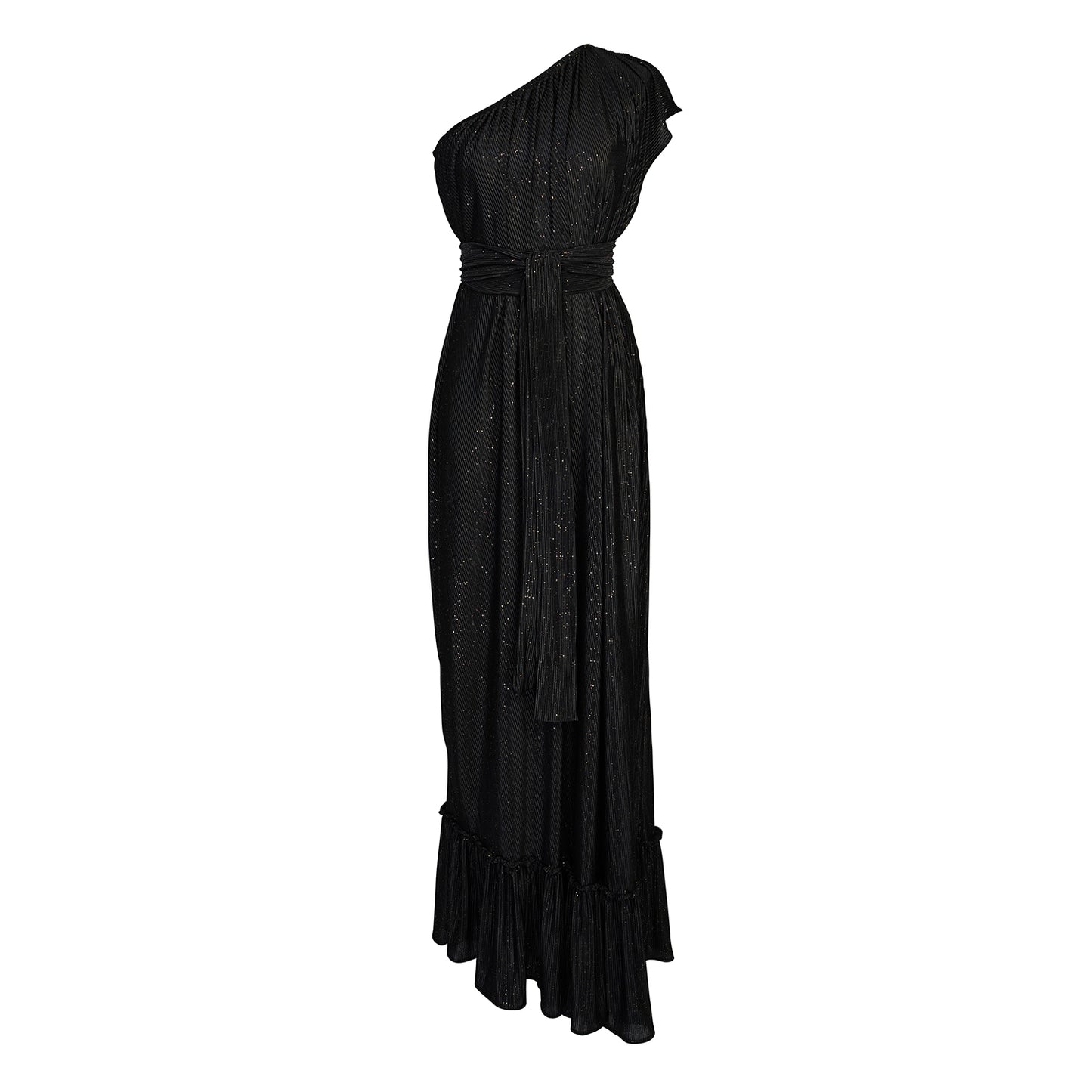 This one shoulder maxi dress was made with luxurious pleated glittery fabric.