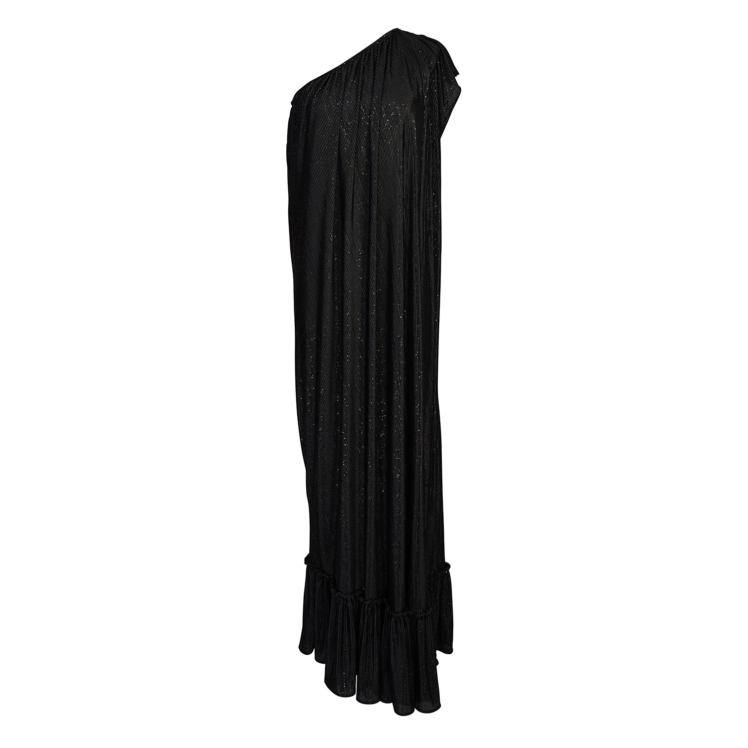 This one shoulder maxi dress was made with luxurious pleated glittery fabric.