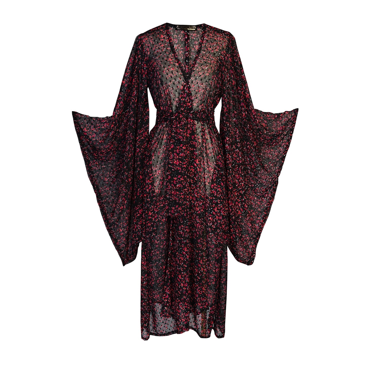 Dark red floral kimono robe with belt. Made from Swiss dot chiffon, its striking rouge floral pattern evokes a sense of mystery. Can be worn open as a robe or wrap dress. Long flowy sleeves with ankle hem.Dark red floral kimono robe with belt. Made from Swiss dot chiffon, its striking rouge floral pattern evokes a sense of mystery. Can be worn open as a robe or wrap dress. Long flowy sleeves with ankle hem.