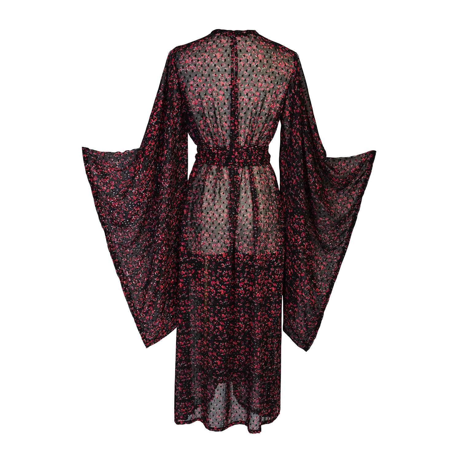 Dark red floral kimono robe with belt. Made from Swiss dot chiffon, its striking rouge floral pattern evokes a sense of mystery. Can be worn open as a robe or wrap dress. Long flowy sleeves with ankle hem.