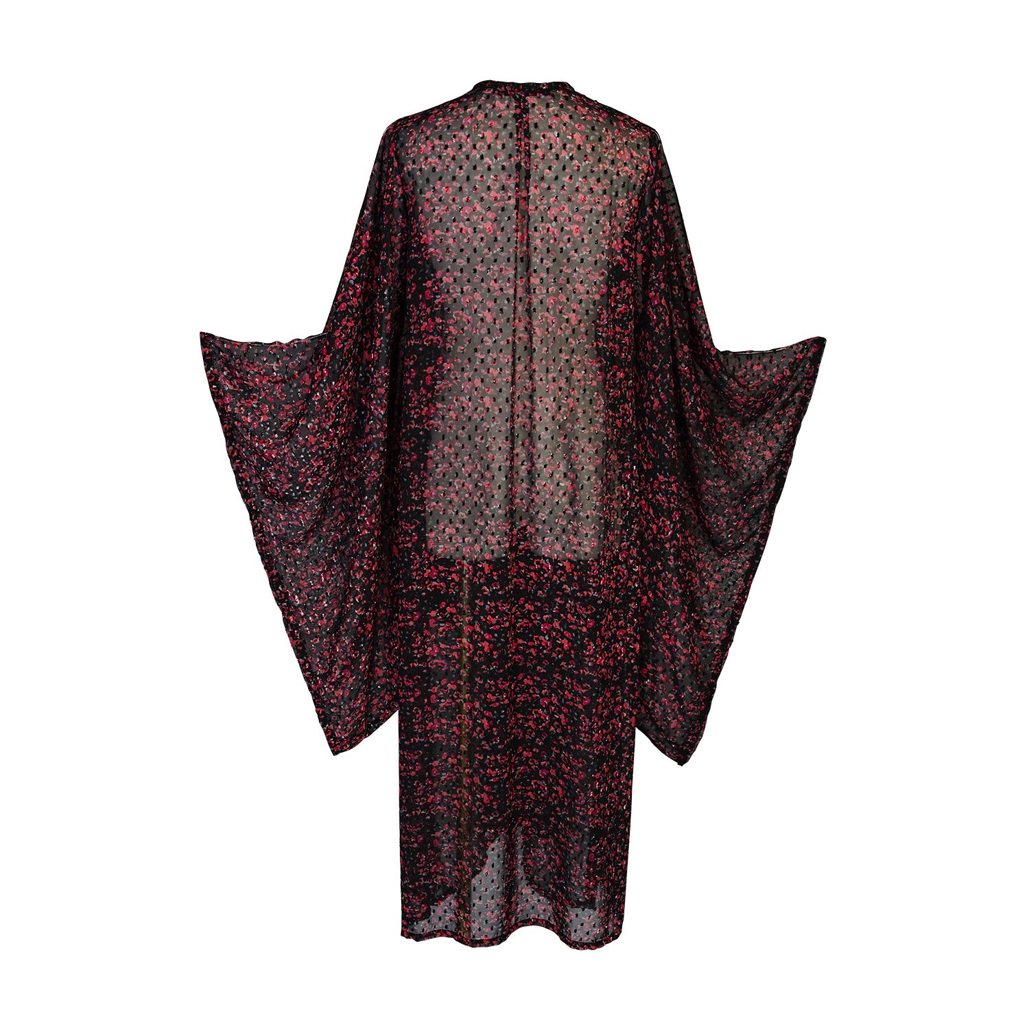 Dark red floral kimono robe with belt. Made from Swiss dot chiffon, its striking rouge floral pattern evokes a sense of mystery. Can be worn open as a robe or wrap dress. Long flowy sleeves with ankle hem.