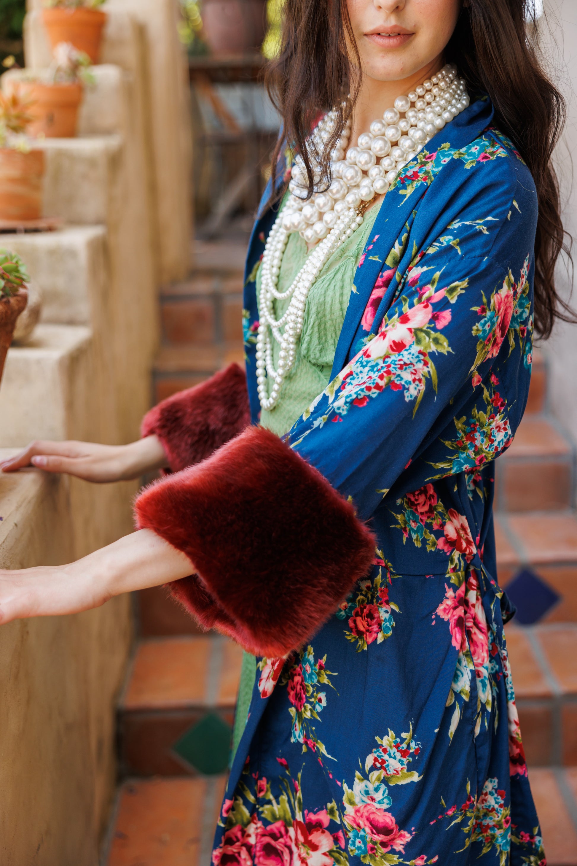 jennafer grace Norma Faux Fur Koi Kimono blue floral with dark red burgundy wine faux fur cuffs light jacket robe boho bohemian hippie romantic whimsical unisex handmade in California USA