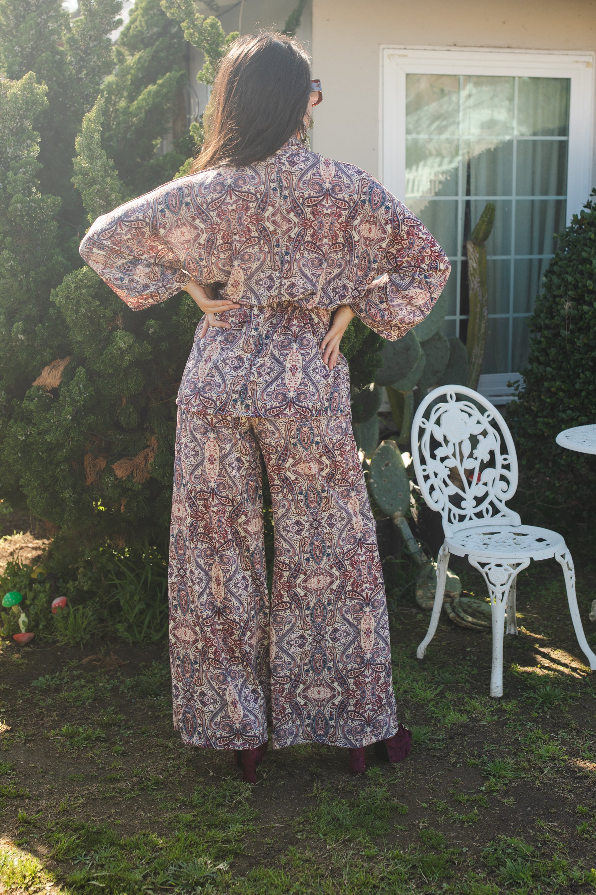 jennafer grace Olympia Paisley dolman palazzo set silky beige georgette with red blue paisley print matching co-ord coord set wrap blouse top with tasseled belt and palazzo pant with pockets and elastic waist boho bohemian hippie romantic whimsical glamorous pajamas pjs glam lounge wear handmade in california usa