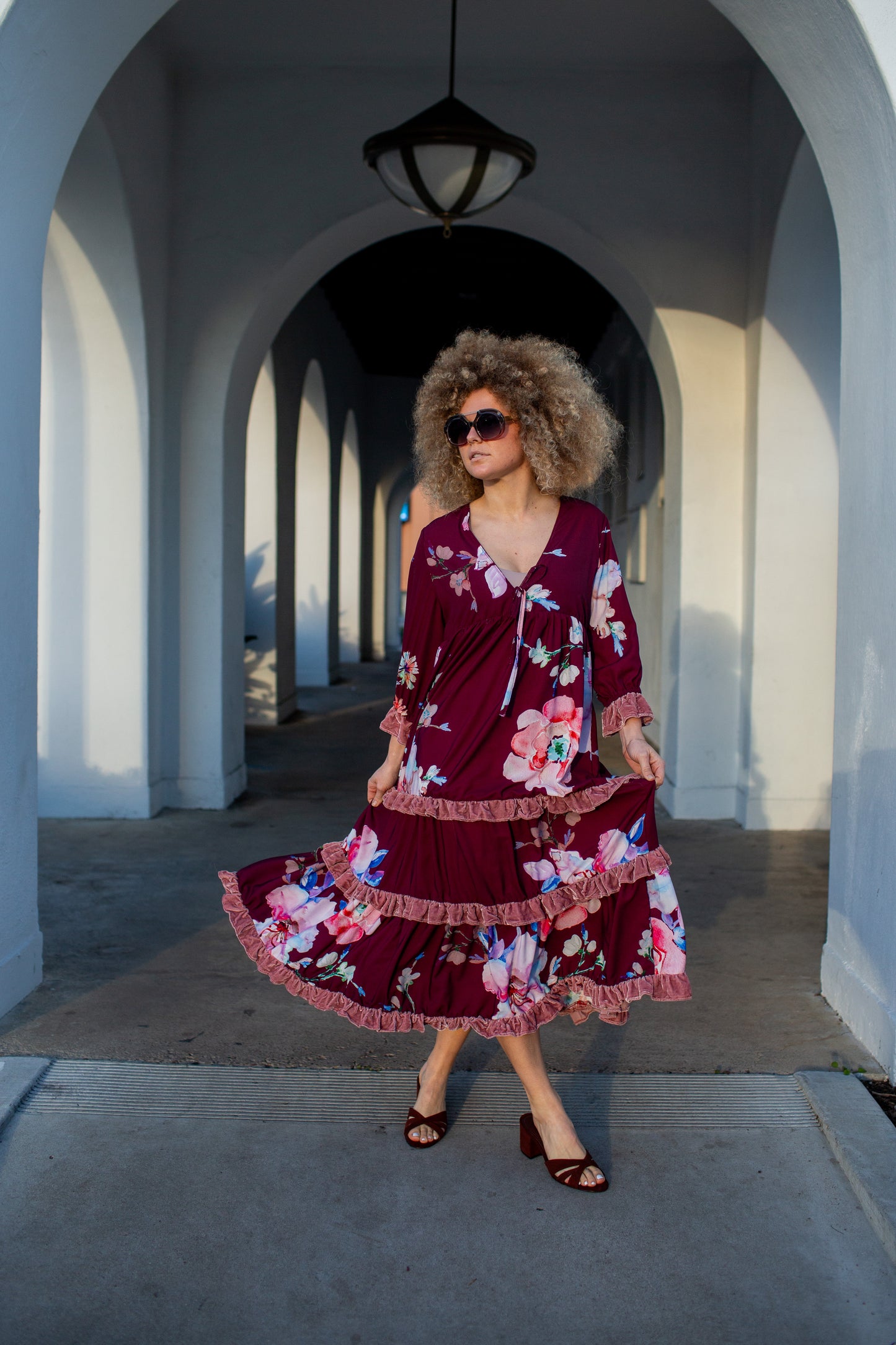Ophelia Velvet Ruffle Maxi Dress in Plum Rose