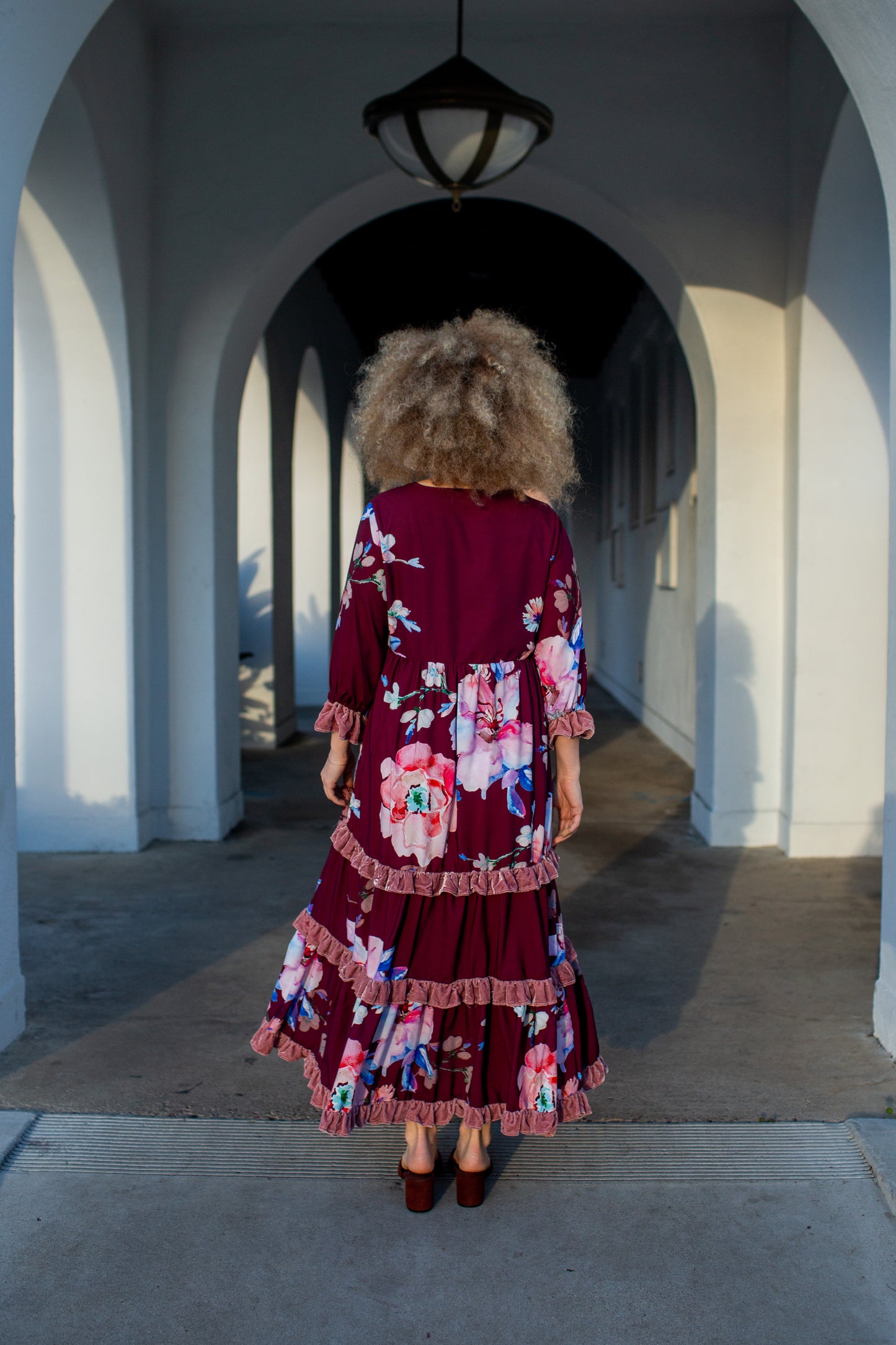 Ophelia Velvet Ruffle Maxi Dress in Plum Rose