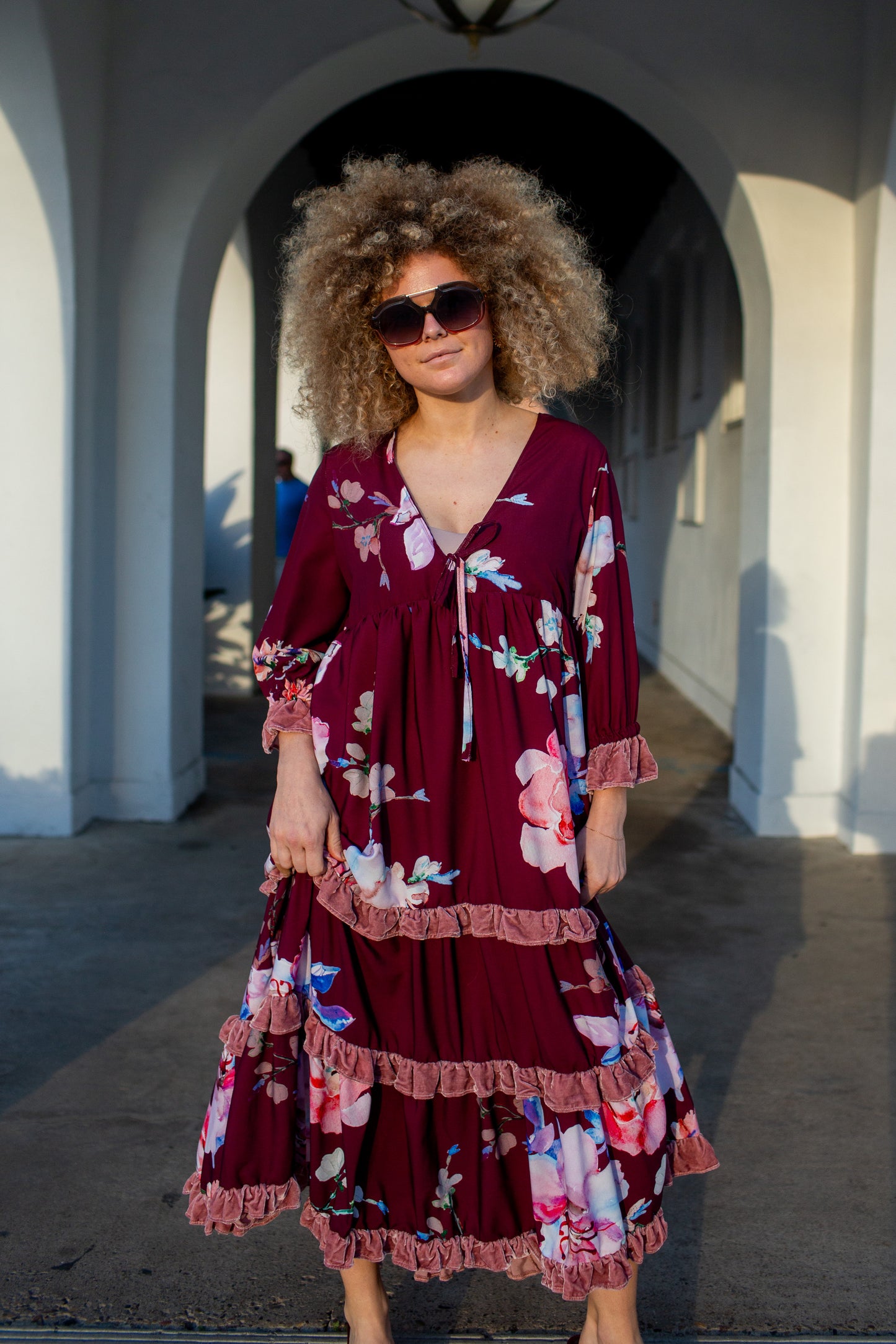 Ophelia Velvet Ruffle Maxi Dress in Plum Rose