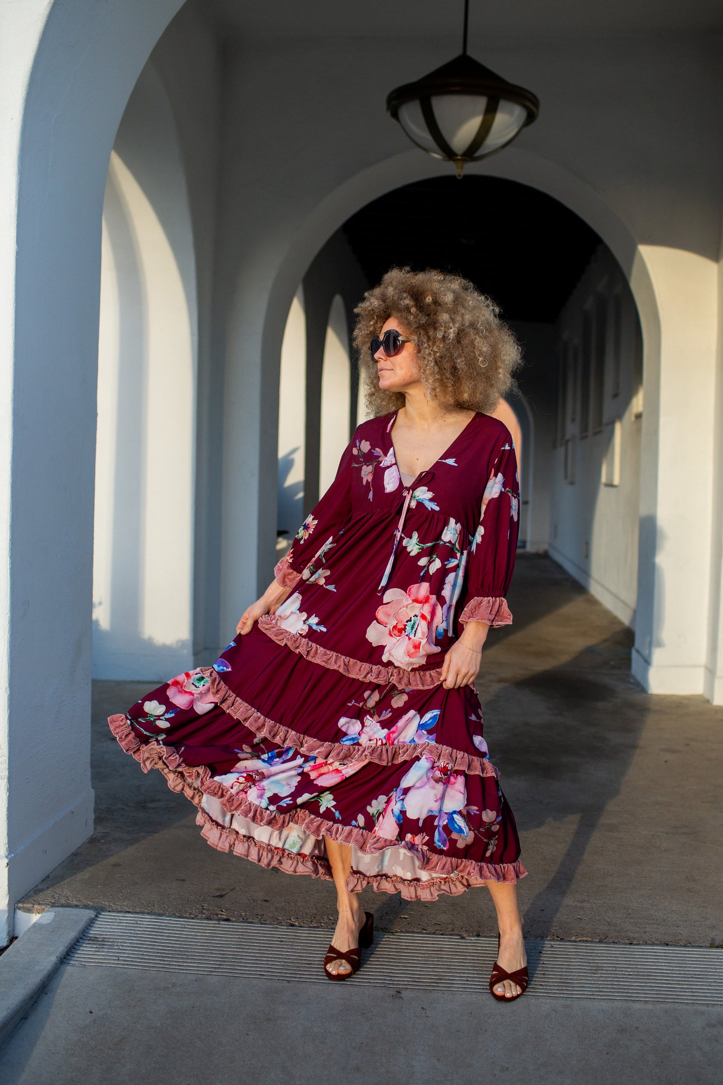 Ophelia Velvet Ruffle Maxi Dress in Plum Rose