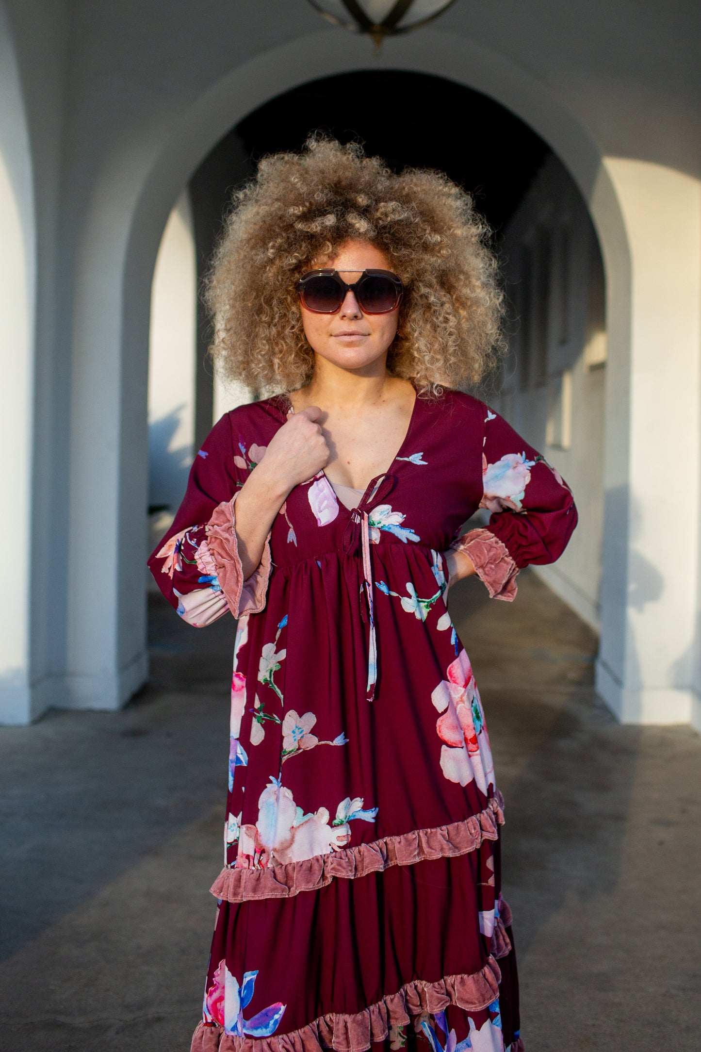 Ophelia Velvet Ruffle Maxi Dress in Plum Rose