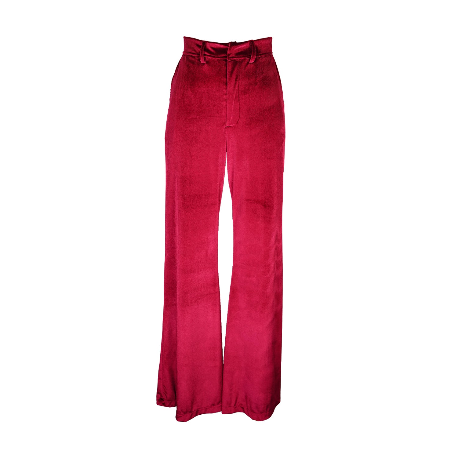 Rich oxblood red velvet bellbottom pants. Featuring a high waist and flared ends in a rich stretch velvet fabric. 