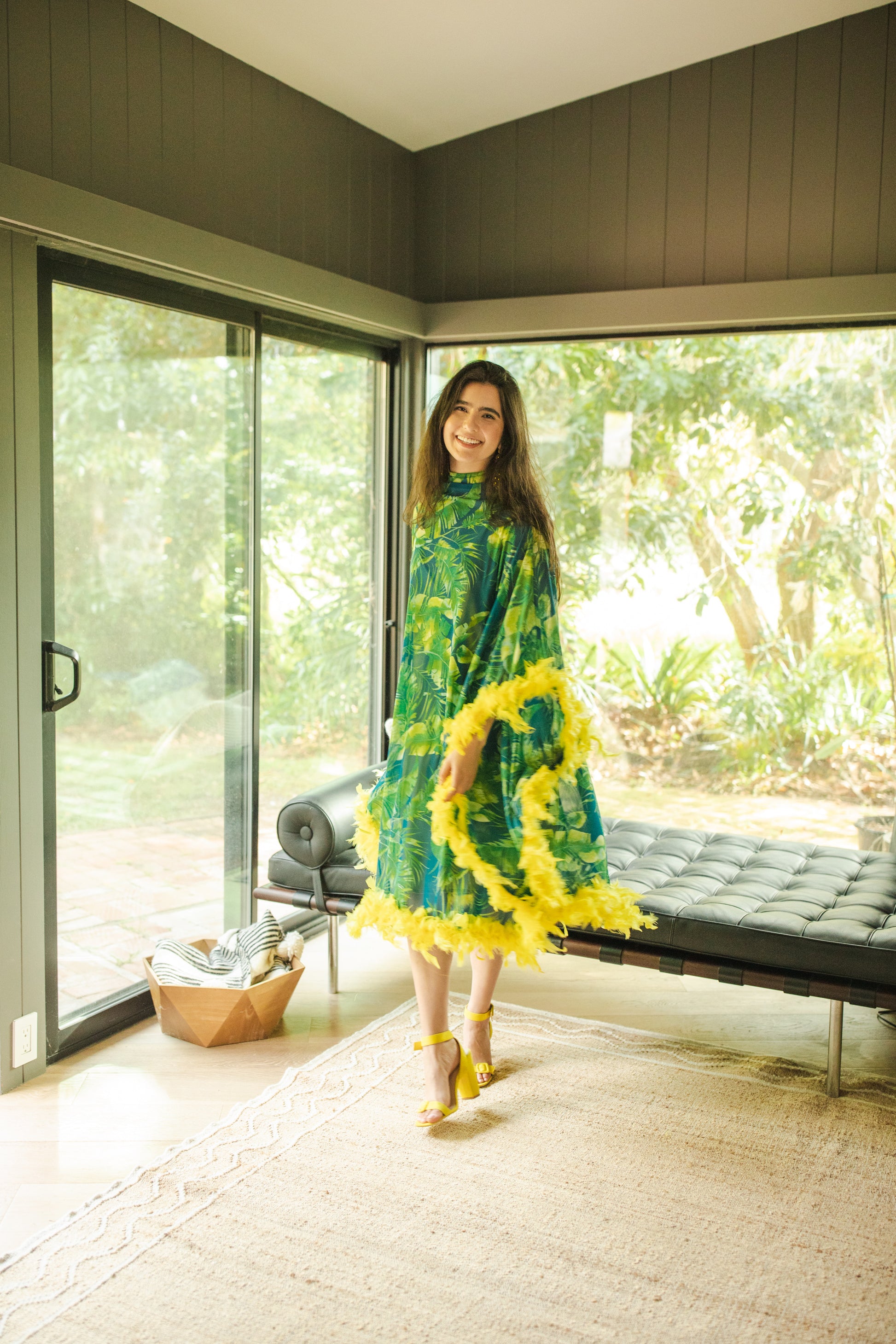 jennafer grace Palma Feather Caftan with slip vibrant tropical emerald green and yellow palm leaf print on dark blue kaftan with canary yellow feather border at sleeves and hem boho bohemian hippie romantic whimsical beach cabana resort vacation lounge handmade in California USA