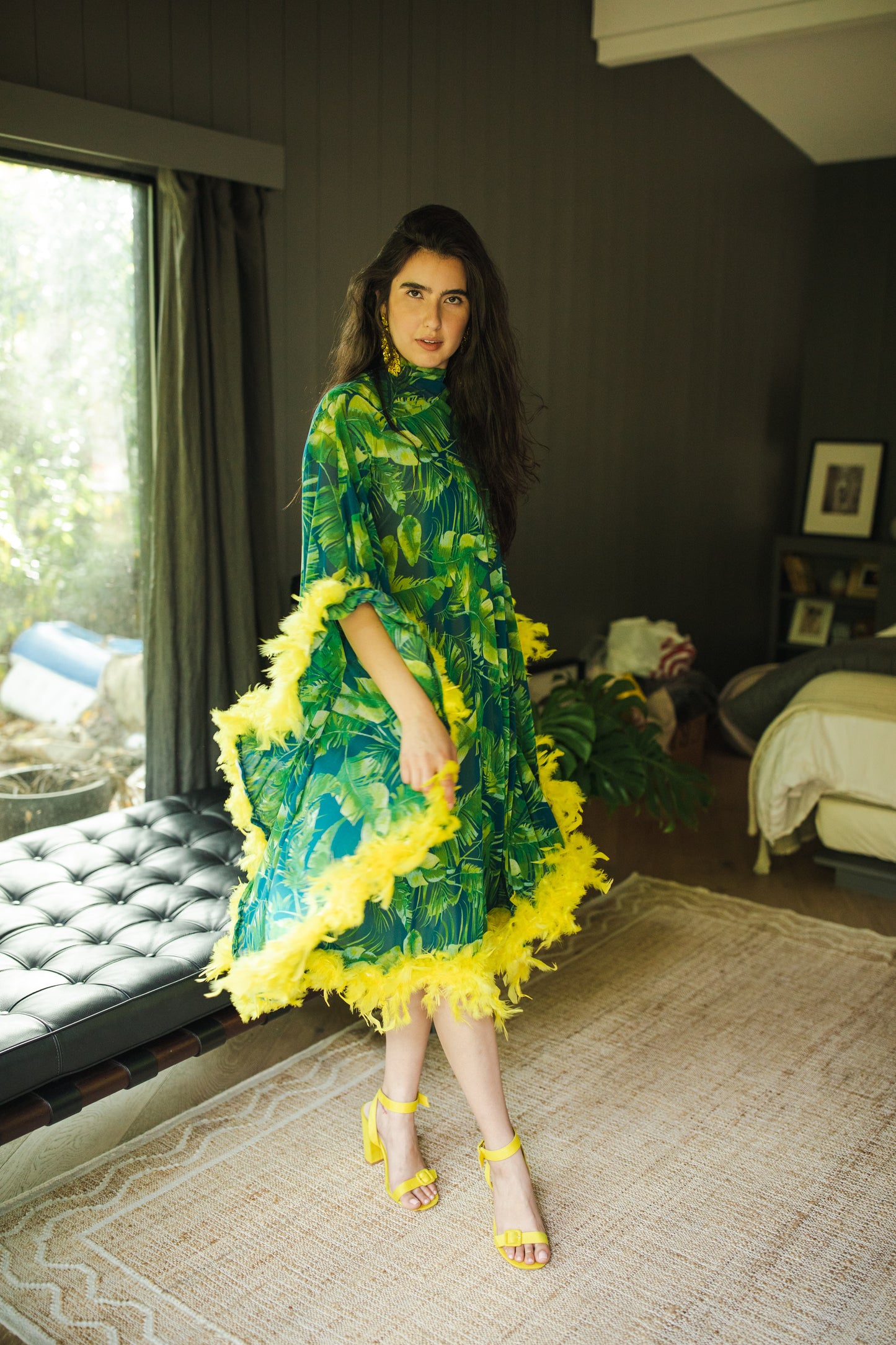 jennafer grace Palma Feather Caftan with slip vibrant tropical emerald green and yellow palm leaf print on dark blue kaftan with canary yellow feather border at sleeves and hem boho bohemian hippie romantic whimsical beach cabana resort vacation lounge handmade in California USA