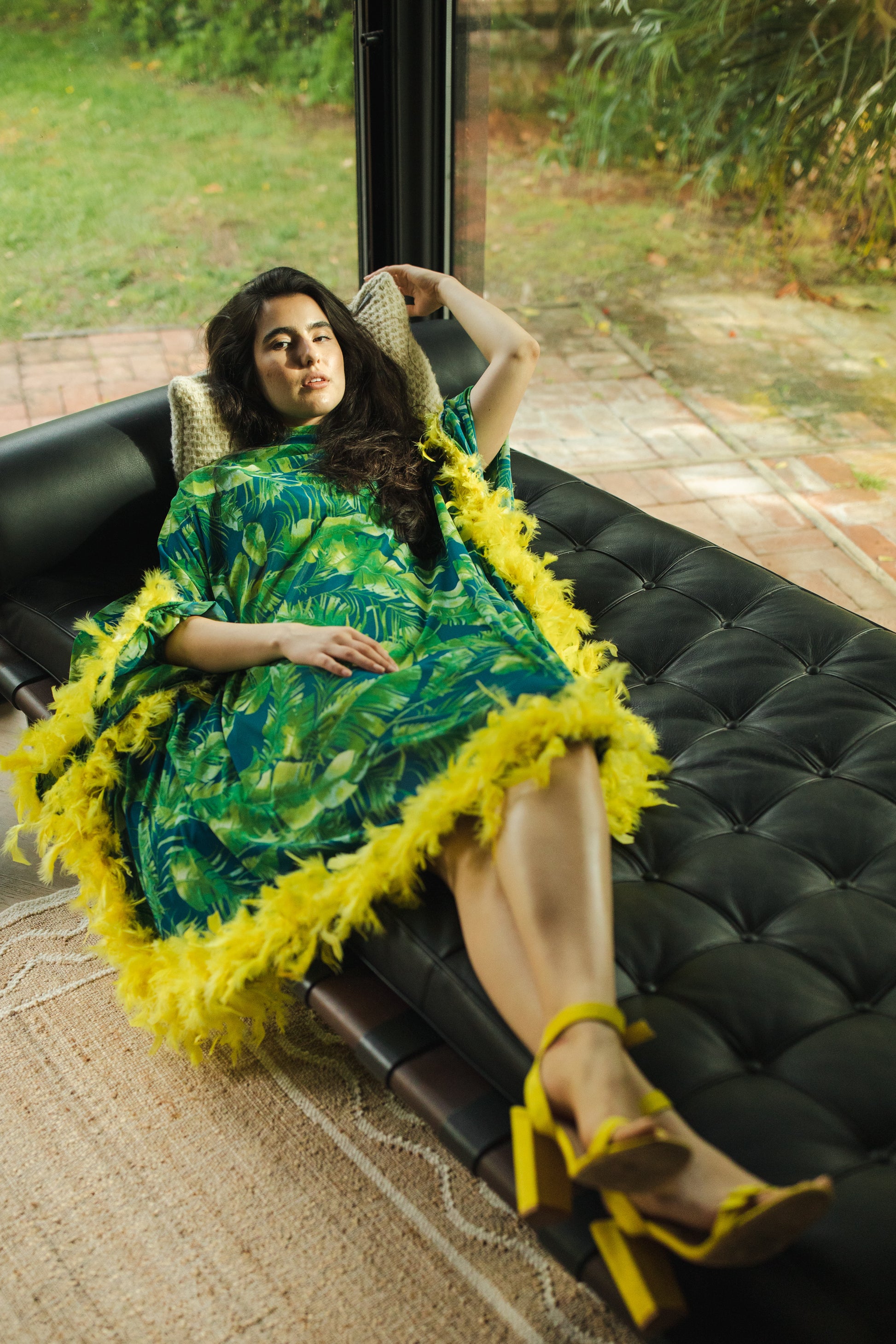 jennafer grace Palma Feather Caftan with slip vibrant tropical emerald green and yellow palm leaf print on dark blue kaftan with canary yellow feather border at sleeves and hem boho bohemian hippie romantic whimsical beach cabana resort vacation lounge handmade in California USA