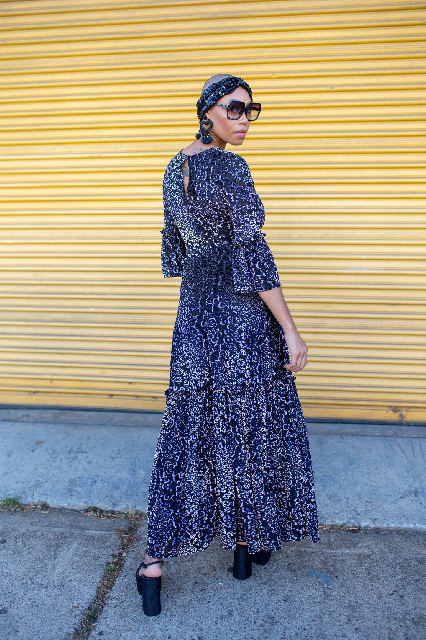 Imogen 1 Tier Ruffle Maxi Dress in Pantera Velvet