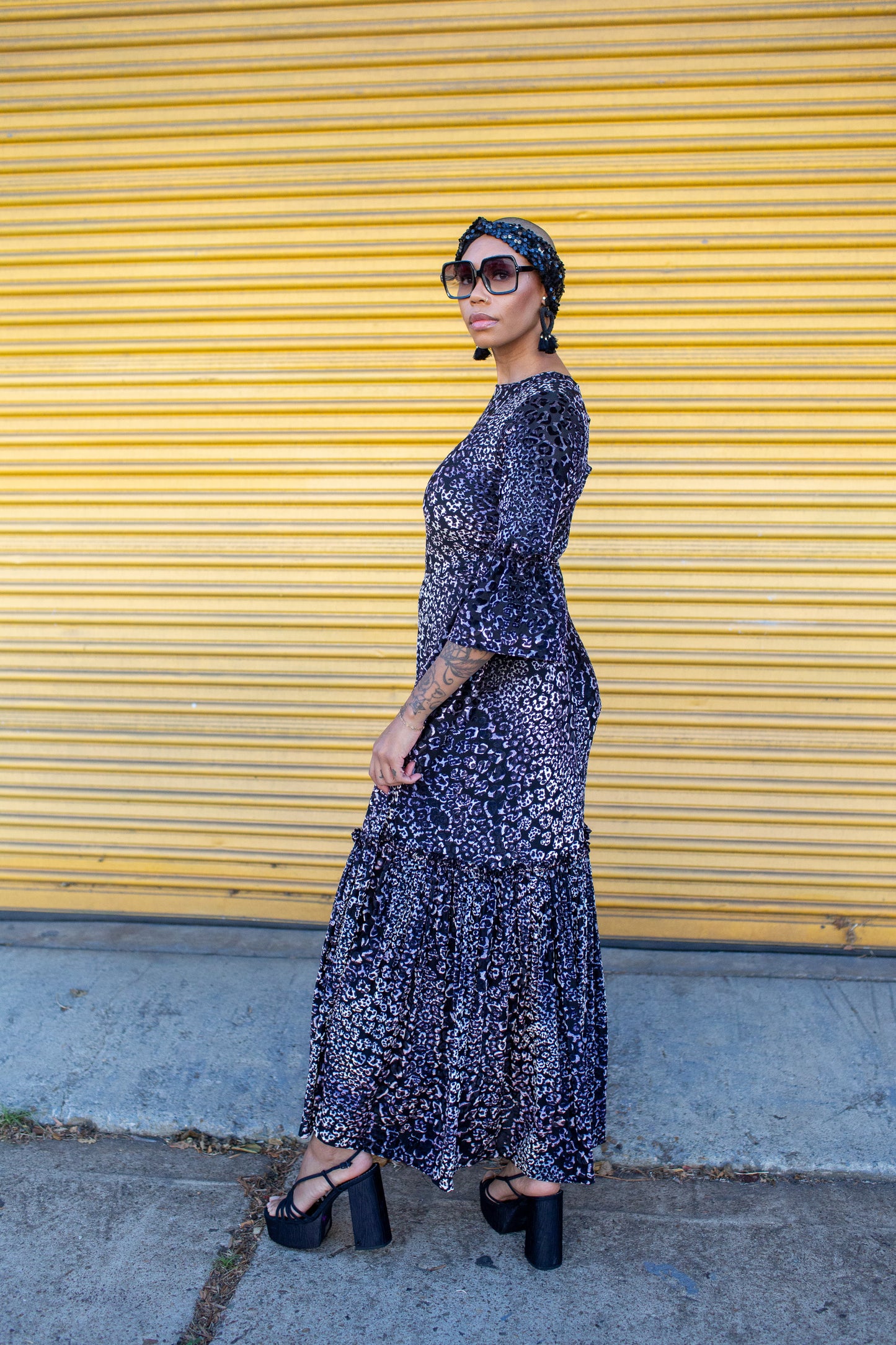 Imogen 1 Tier Ruffle Maxi Dress in Pantera Velvet