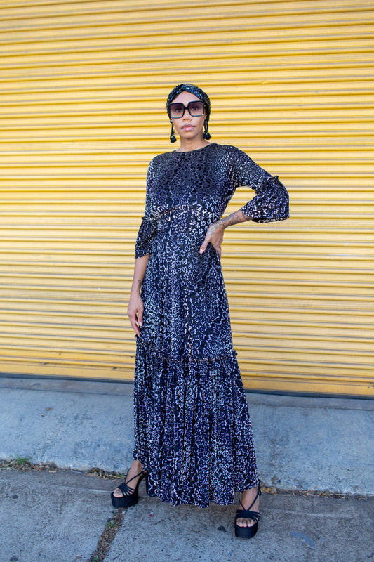 Imogen 1 Tier Ruffle Maxi Dress in Pantera Velvet