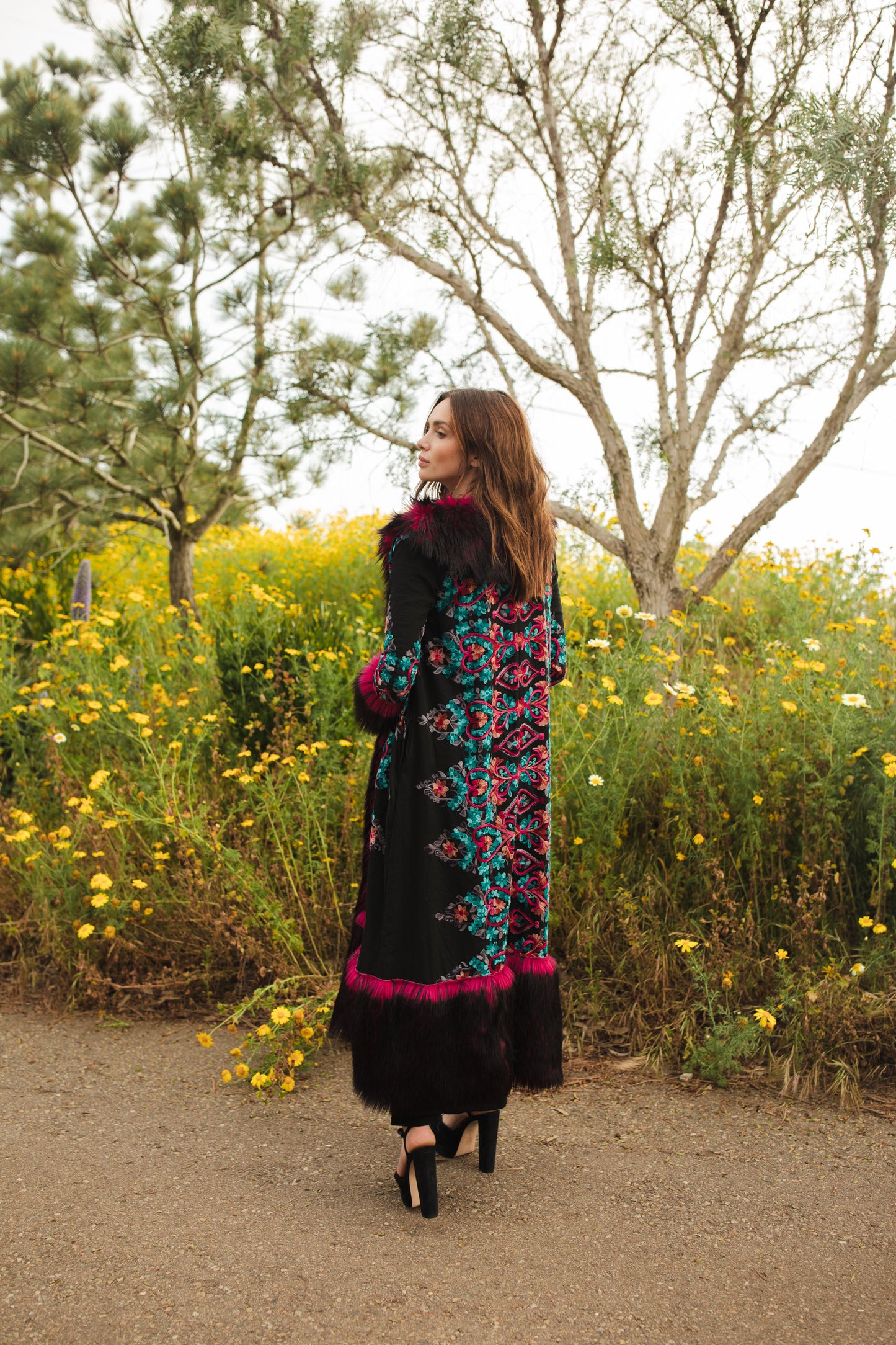 jennafer grace penny deluxe kahlo embroidered faux fur jacket hot pink fuchsia and black faux fur on black fabric with symmetrical floral embroidery opera coat 1960s 1970s Almost Famous penny lane jacket boho bohemian hippie romantic whimsical unisex handmade in California USA