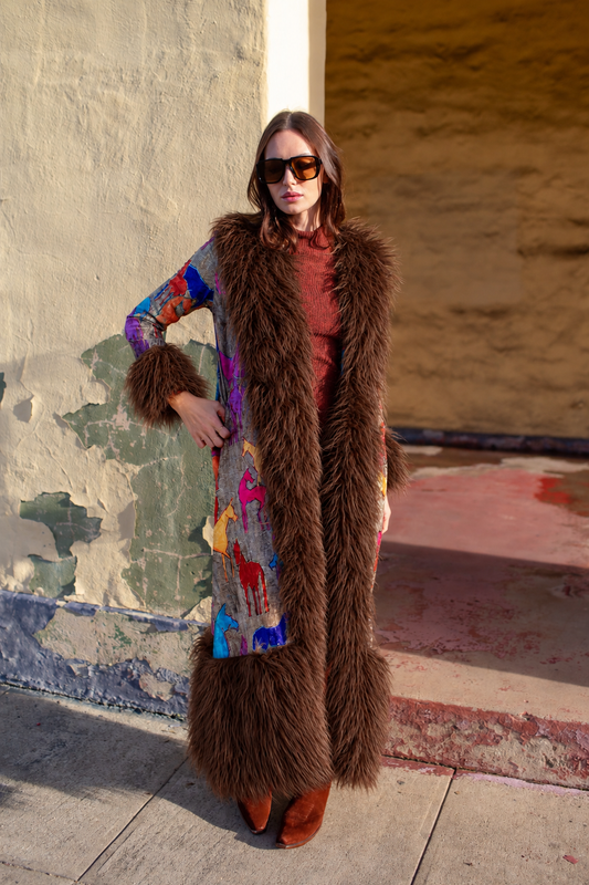 Penny Deluxe Wild Horses Faux Fur Trim Coat