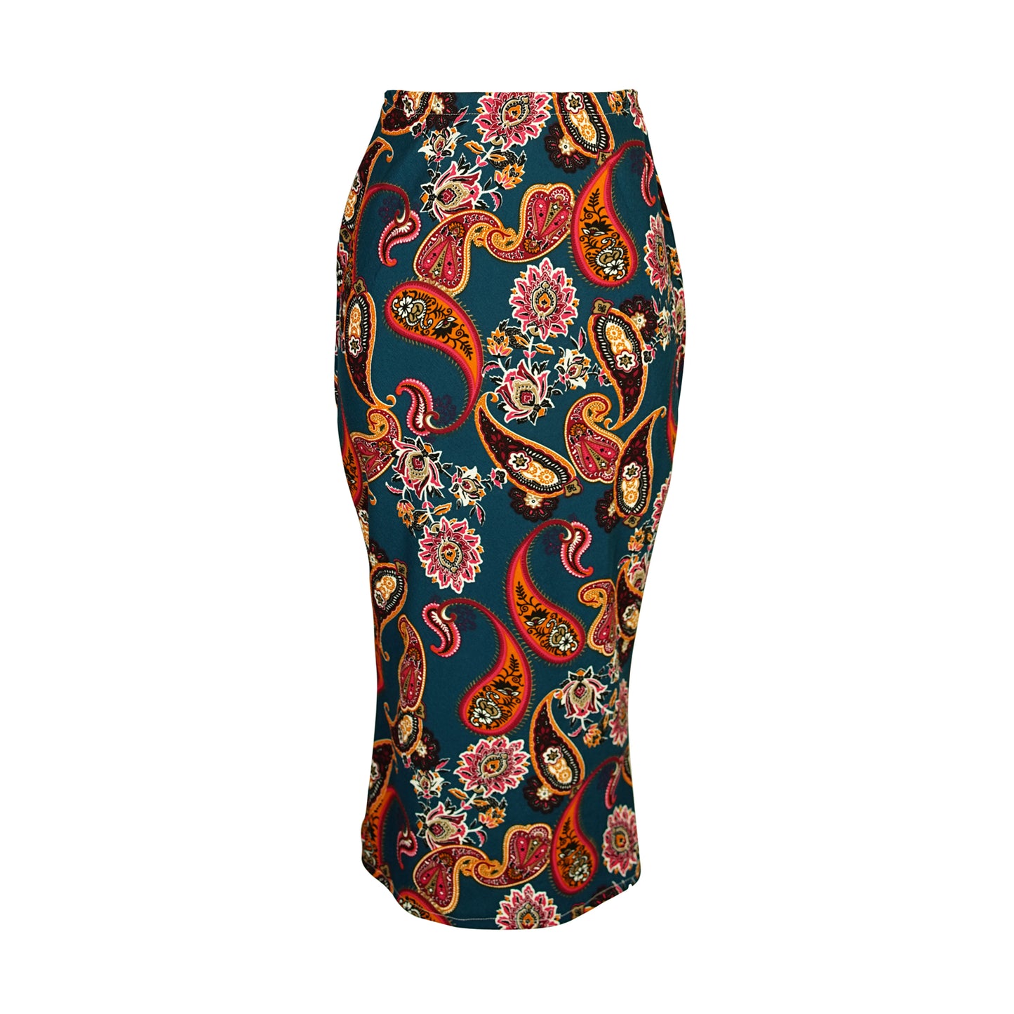 jennafer grace Pepper Paisley Pencil Skirt dark cyan teal with red orange black white floral paisley midi skirt boho bohemian hippie romantic whimsical summer outfit matching set coord co-ord handmade in California USA