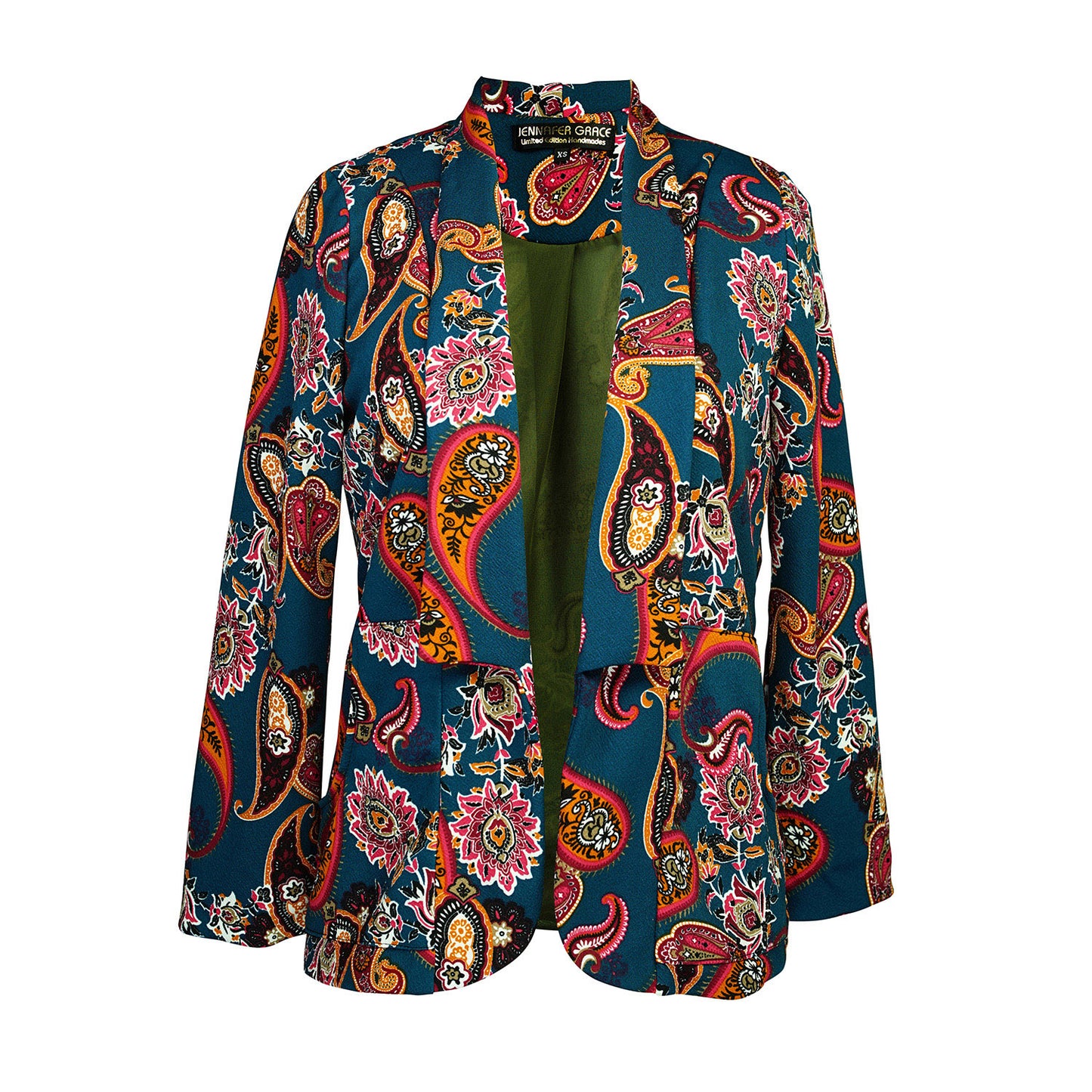 The Pepper Paisley Tuxedo Jacket. This retro glam suit jacket features a teal and rust paisley print. Has a wrist length arm hem, loose collar, and no button. 