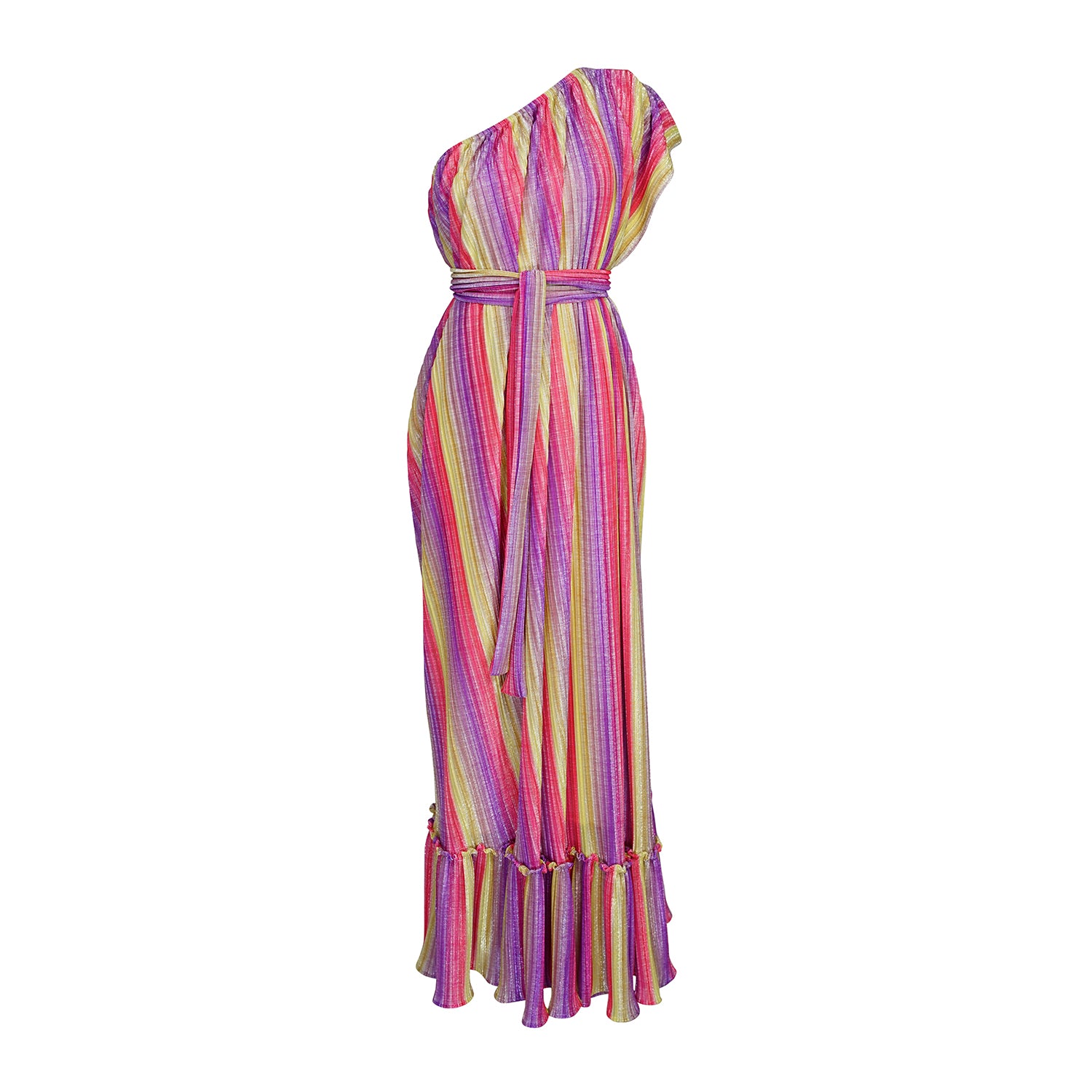 This Rainbow Prism Pleated Party One Shoulder Maxi Dress showcases a unique rainbow prism design that will have you shining at any party or event.