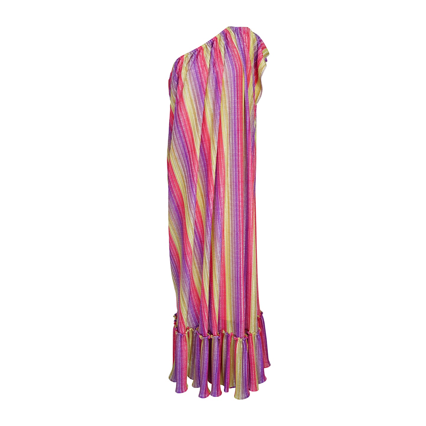 This Rainbow Prism Pleated Party One Shoulder Maxi Dress showcases a unique rainbow prism design that will have you shining at any party or event.