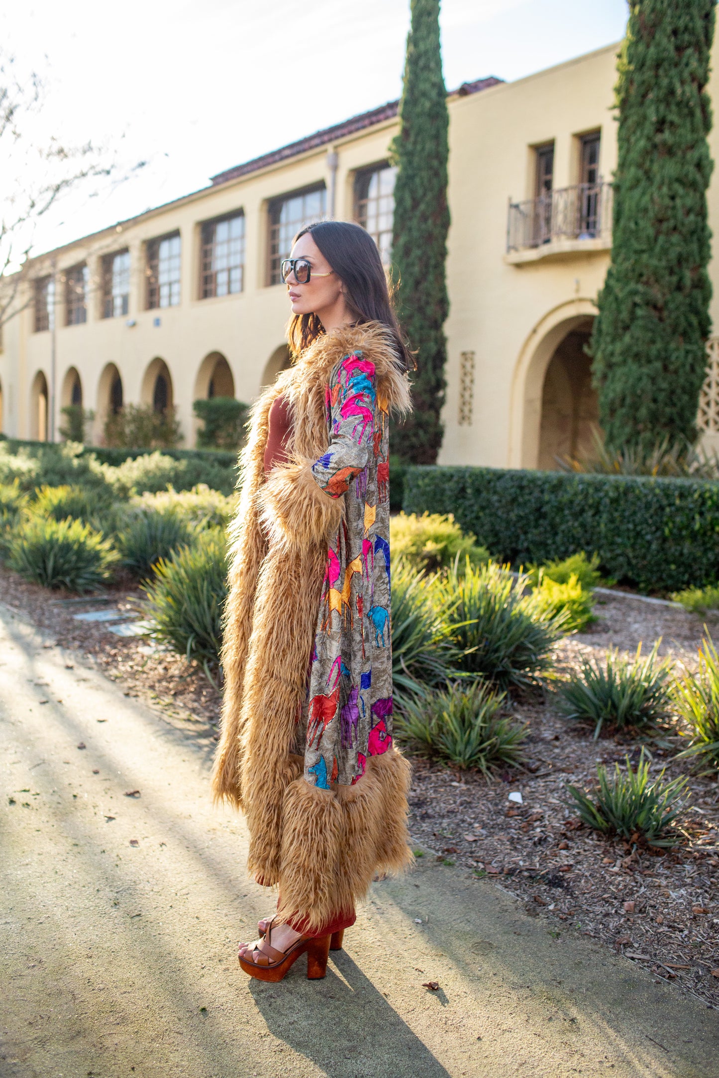 Penny Deluxe Wild Horses Faux Fur Trim Coat
