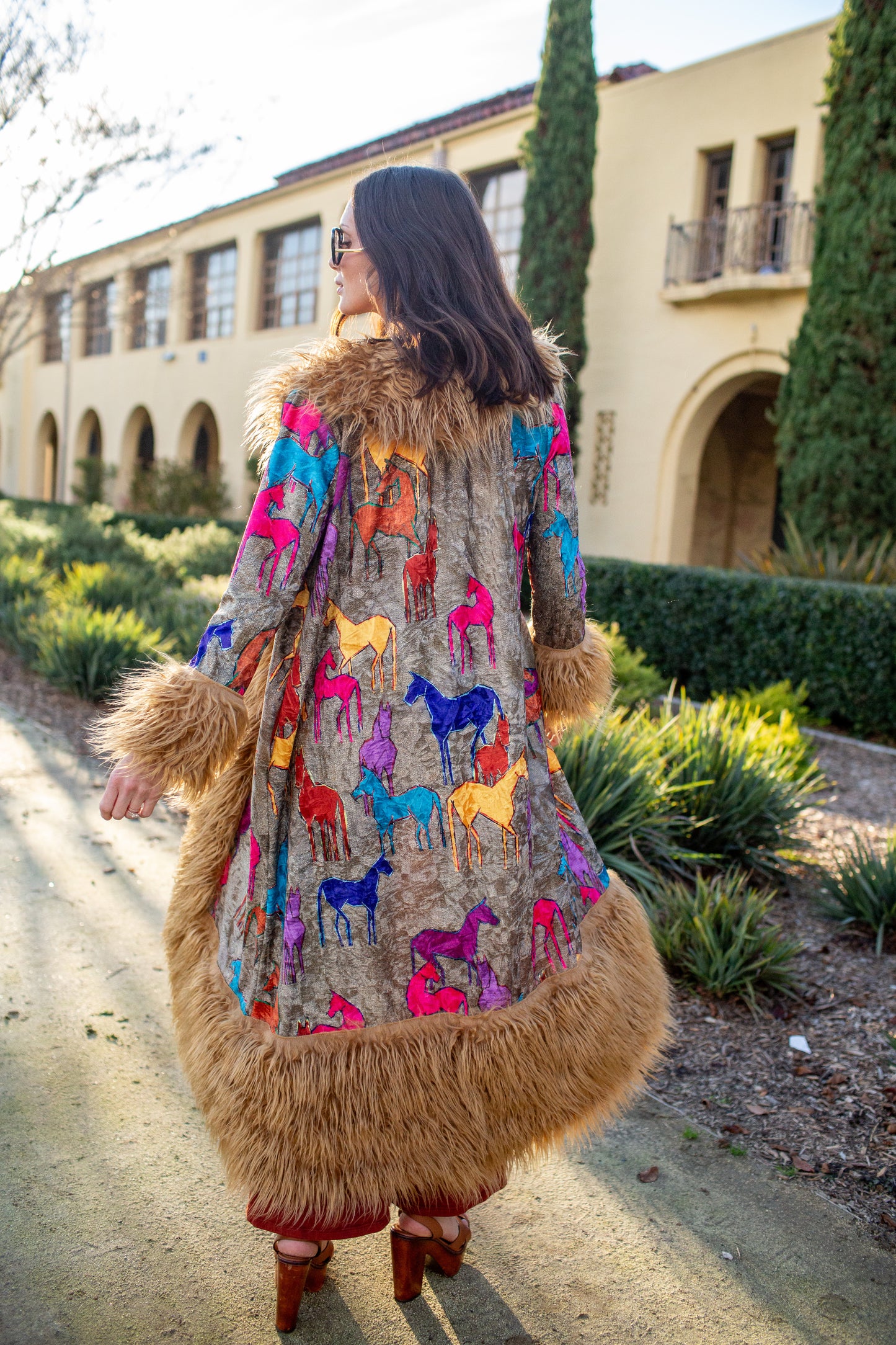 Penny Deluxe Wild Horses Faux Fur Trim Coat