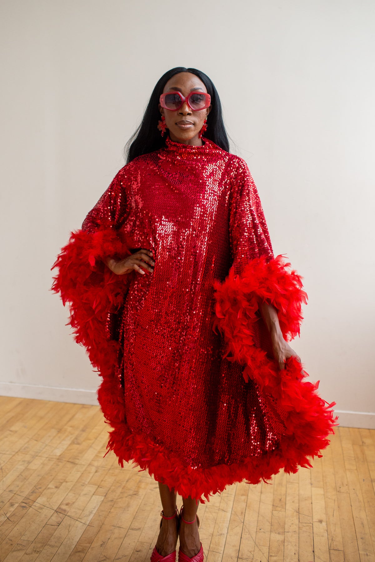 Ruby Sequin Mock Neck Caftan Kaftan Dress with Slip