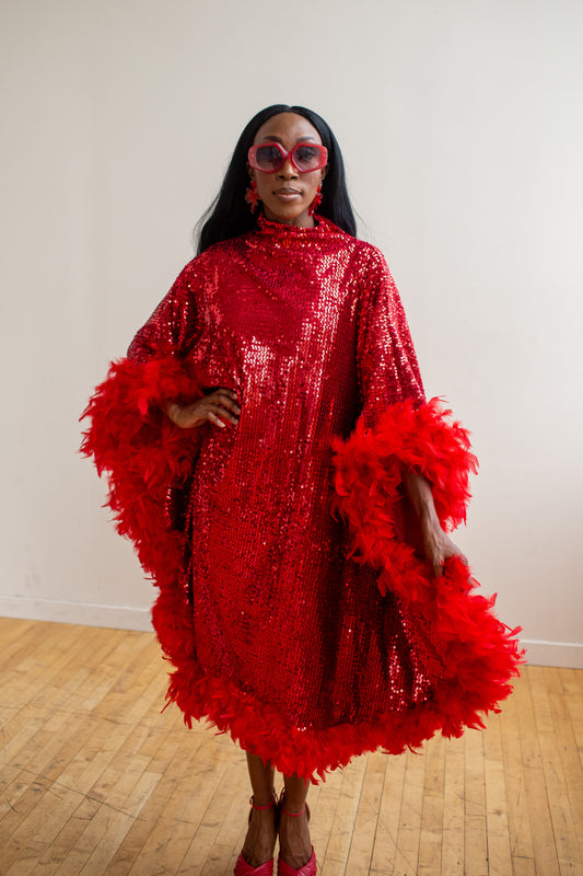 Ruby Sequin Mock Neck Caftan Kaftan Dress with Slip