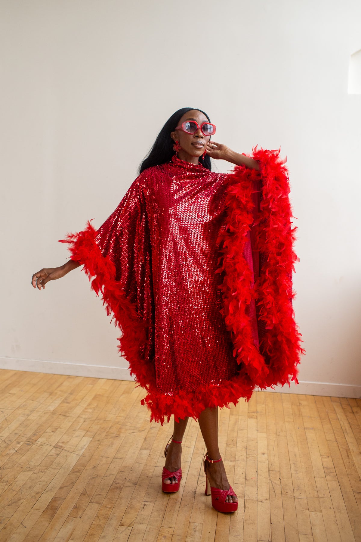 Ruby Sequin Mock Neck Caftan Kaftan Dress with Slip