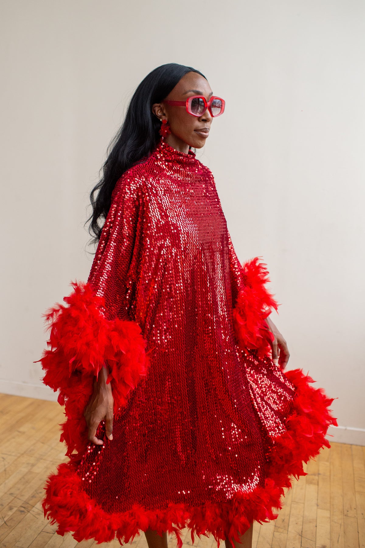 Ruby Sequin Mock Neck Caftan Kaftan Dress with Slip