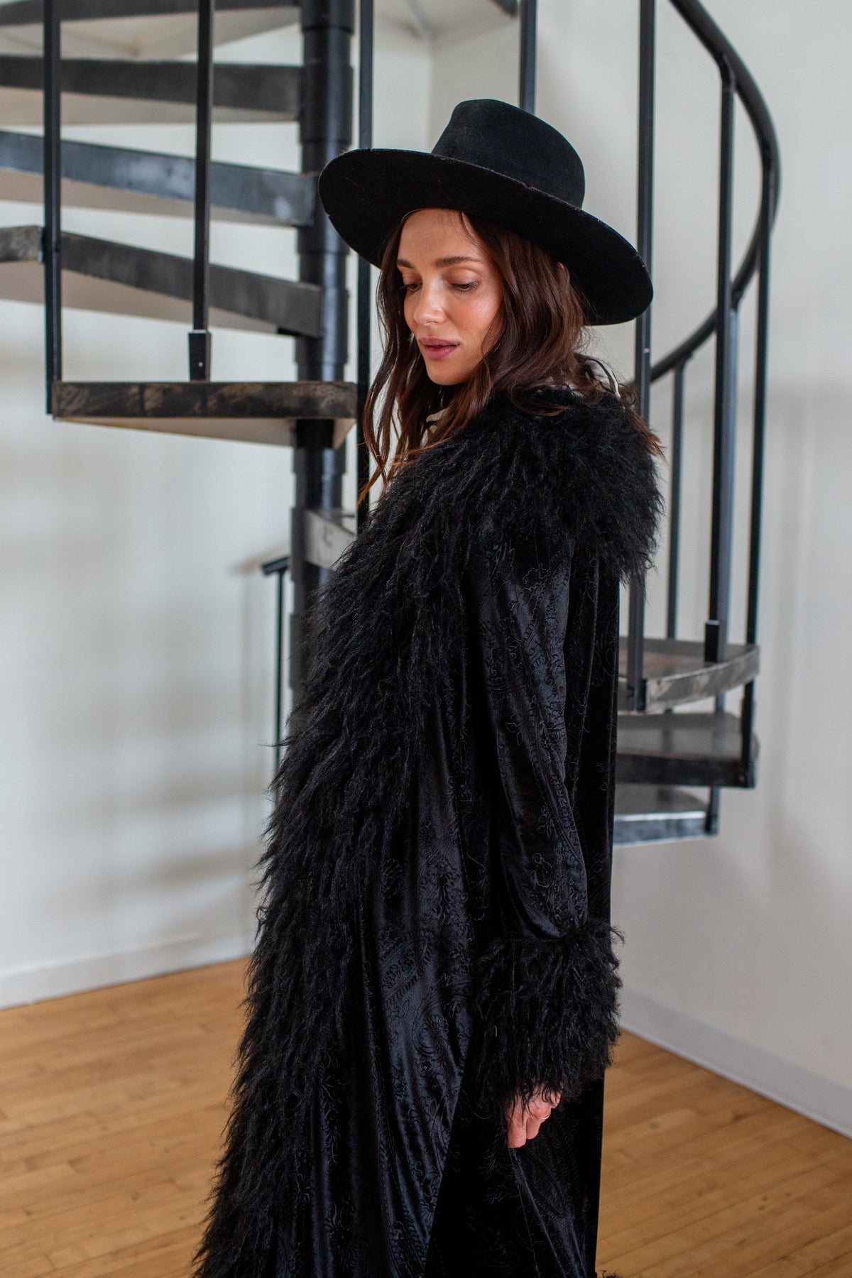 Penny Deluxe Baroque Black Velvet Faux Fur Jacket